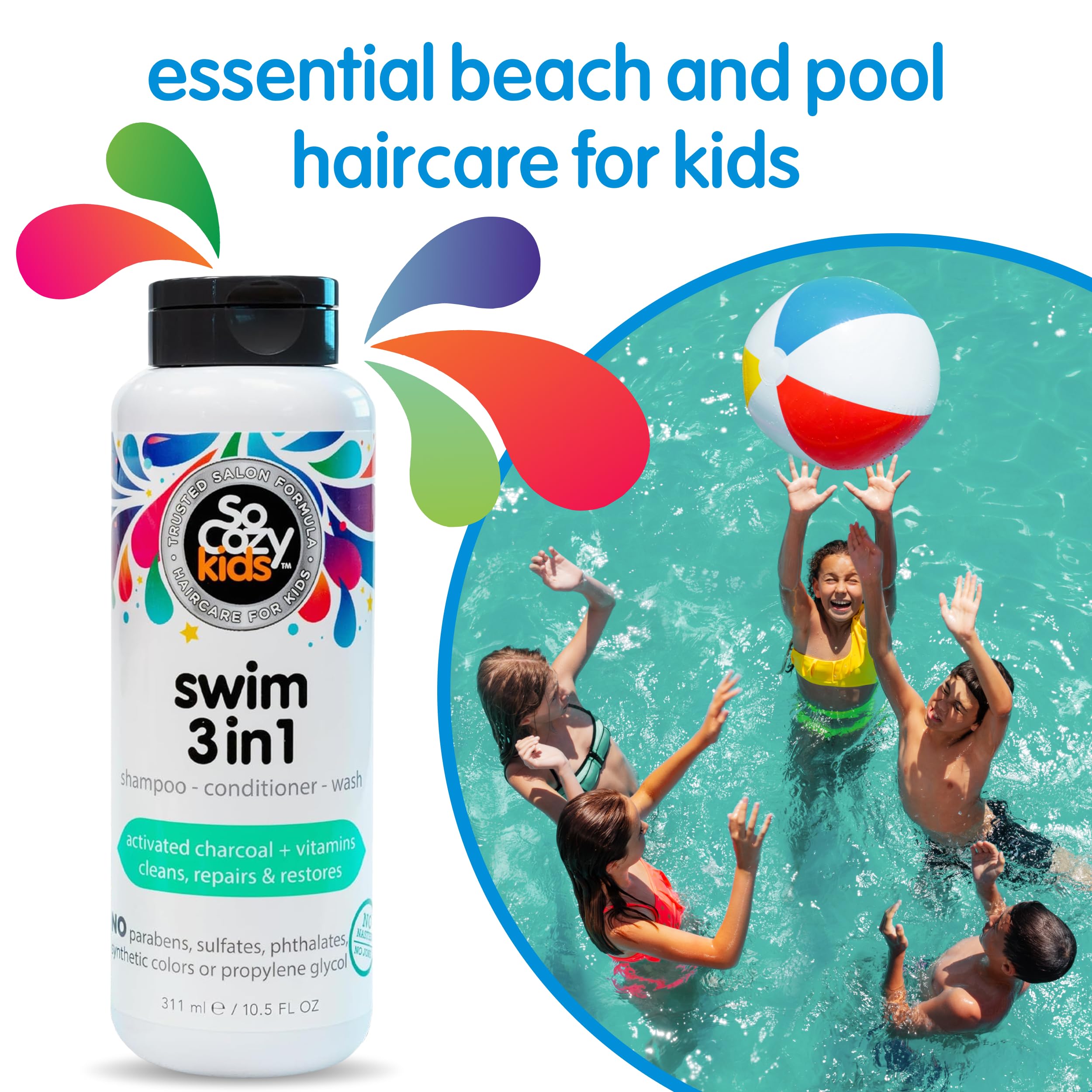 SoCozy Kids Swim 3-in-1 Shampoo, Conditioner & Body Wash - 3-in-1 Combo Pool Shampoo & Conditioner for Swimmers - Salt & Chlorine Removing Activated Charcoal for Toddler & Kids Hair After Swimming 🍁 All In One Marketplace Canada