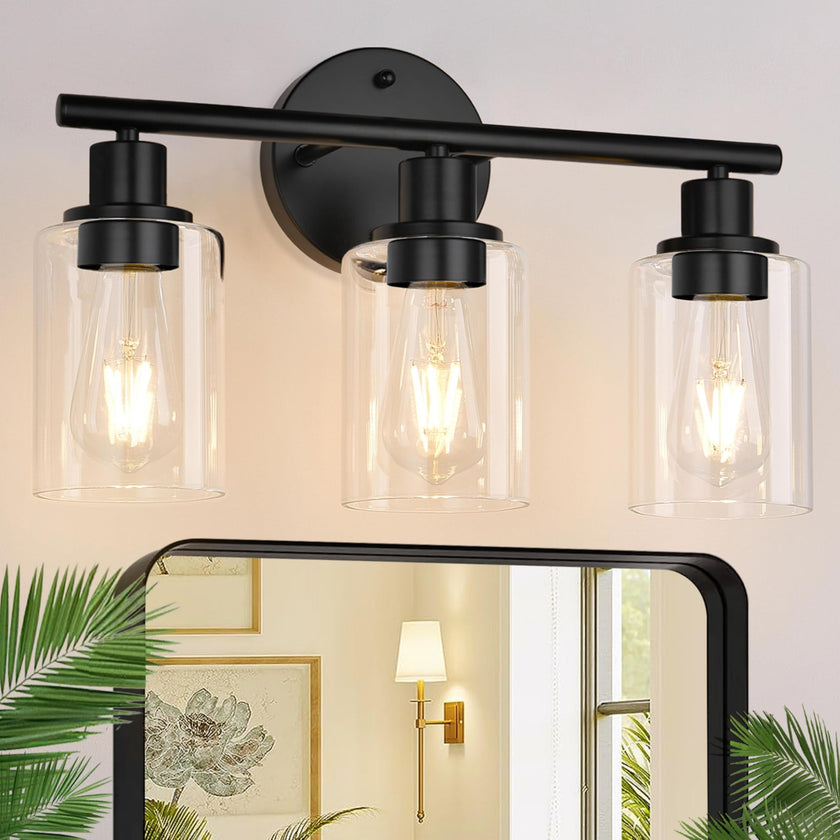 3-Light Bathroom Light Fixtures, Black Bathroom Wall Lights, Modern Bathroom Vanity Light with Clear Glass Shade, Bathroom Wall Lamp for Mirror Kitchen Bedroom Living Room 🍁 All In One Marketplace Canada