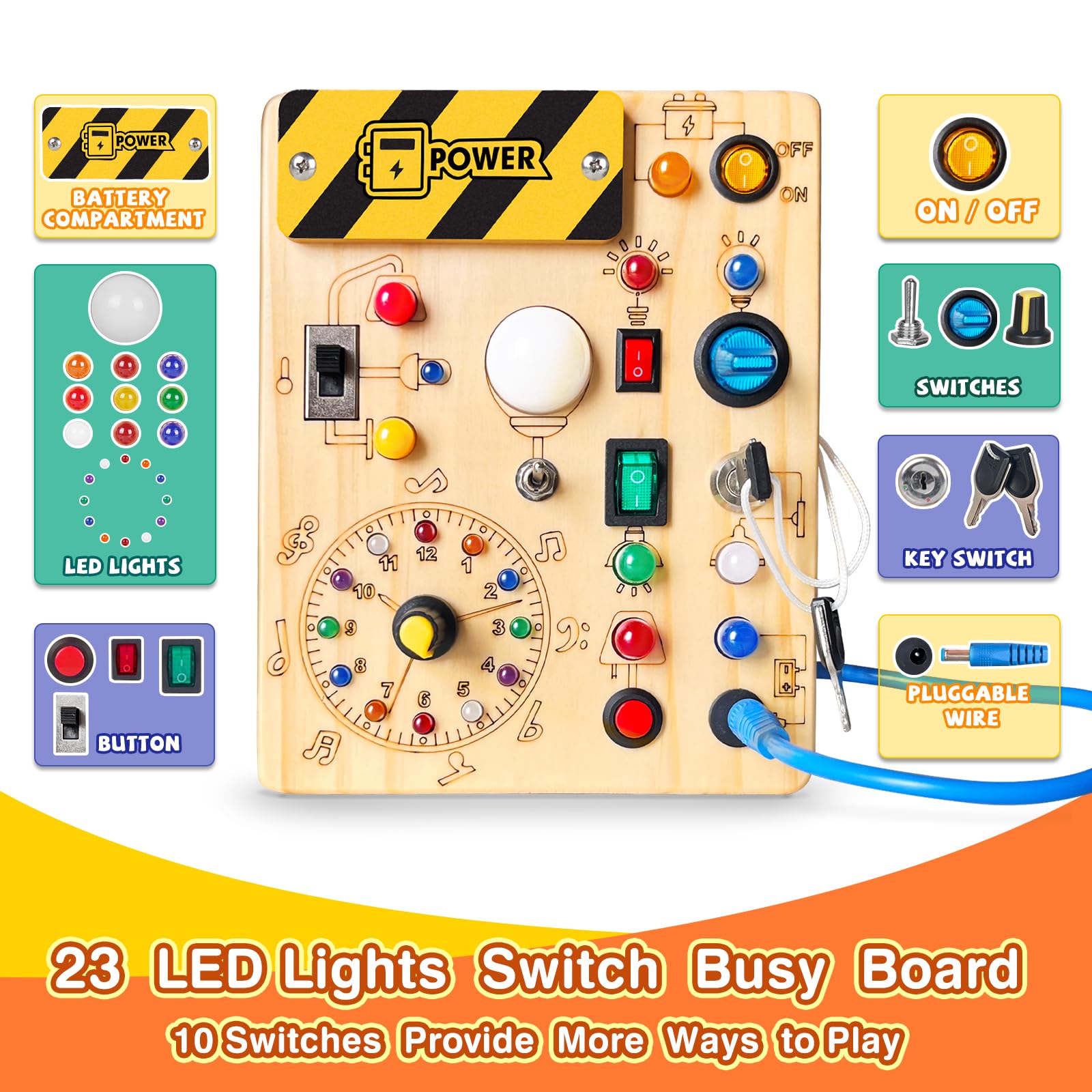 Busy Board Plus Version with 23 LED Lights, Montessori Sensory Fidget Toys for Toddlers 1-3, Wooden Educational Activity for Fine Motor Skills, Quiet Airplane Travel Must Haves for 1 2 3+ Year Old 🍁 All In One Marketplace Canada