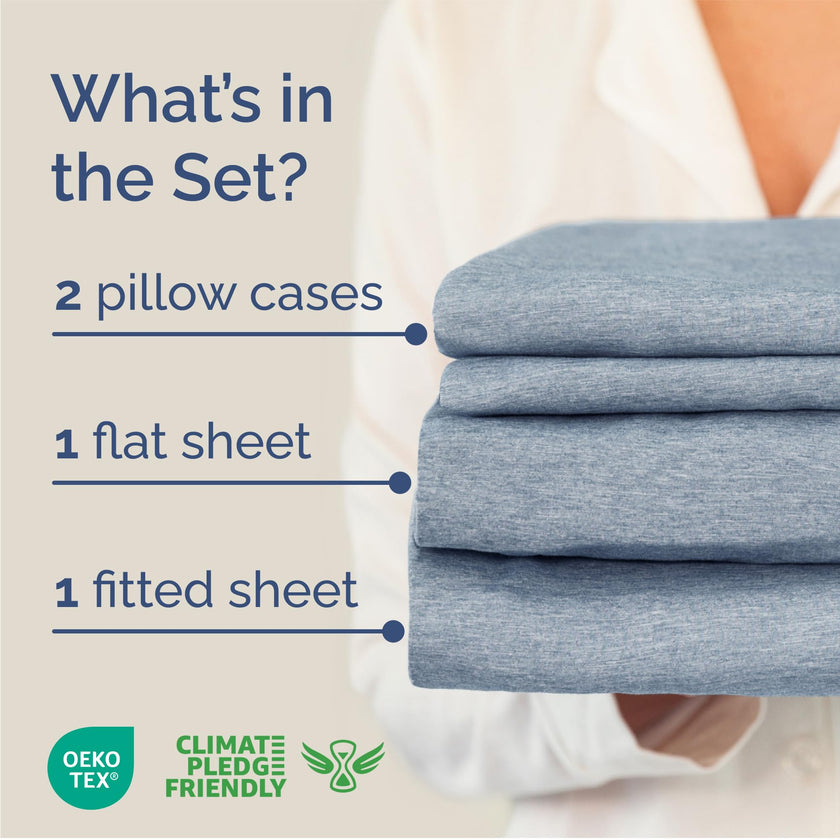 Queen Size 4 Piece Sheet Set - Comfy Breathable & Cooling Sheets - Hotel Luxury Bed Sheets for Women & Men - Deep Pockets, Easy-Fit, Soft & Wrinkle Free Sheets - Heathered Blue Oeko-Tex Bed Sheet Set 🍁 All In One Marketplace Canada