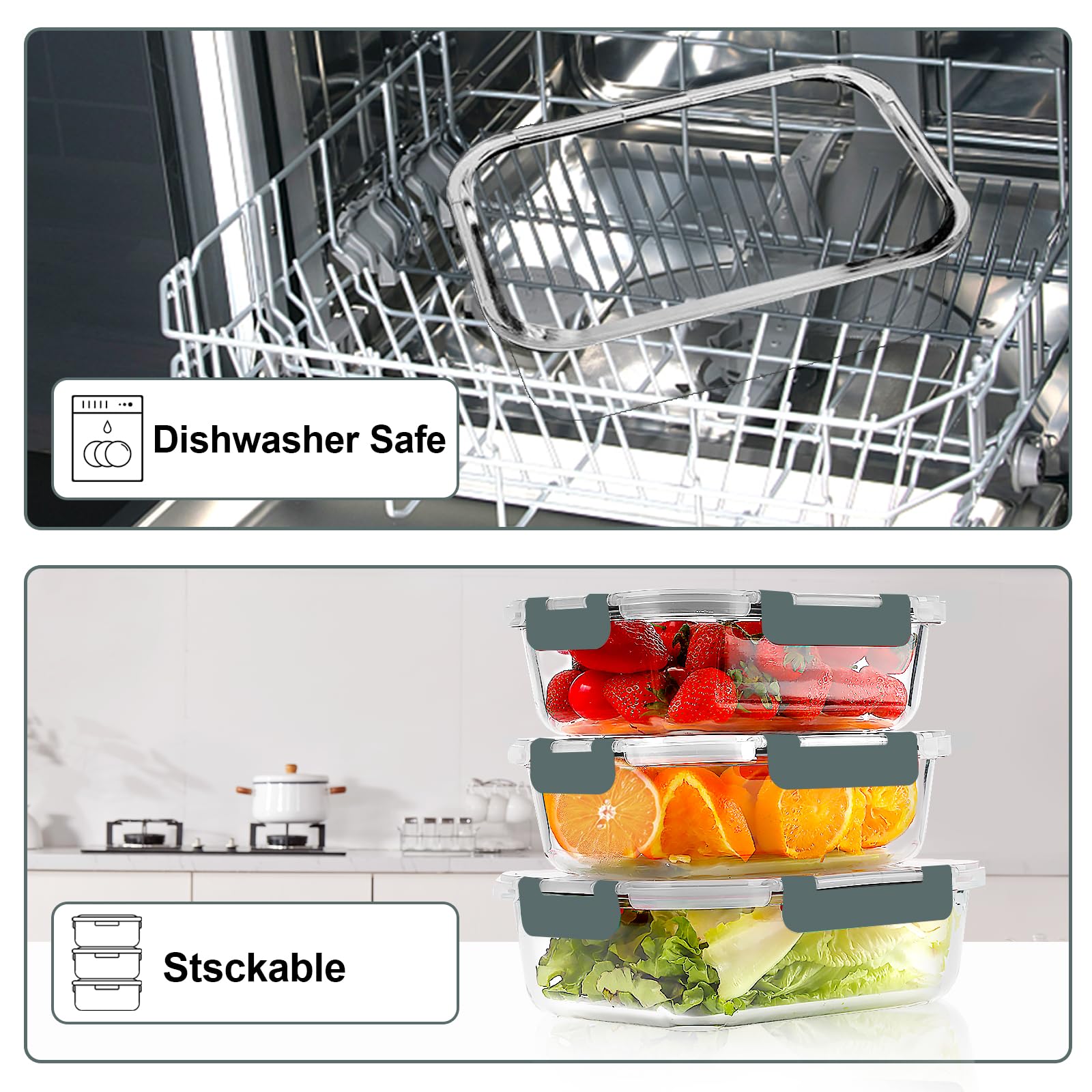 VERONES 10 Pack Glass Meal Prep Containers, Airtight & Stackable Glass Food Storage Containers Set with Lids,Exclusive of BPA,for Microwave, Oven, Freezer & Dishwasher,Grey 🍁 All In One Marketplace Canada