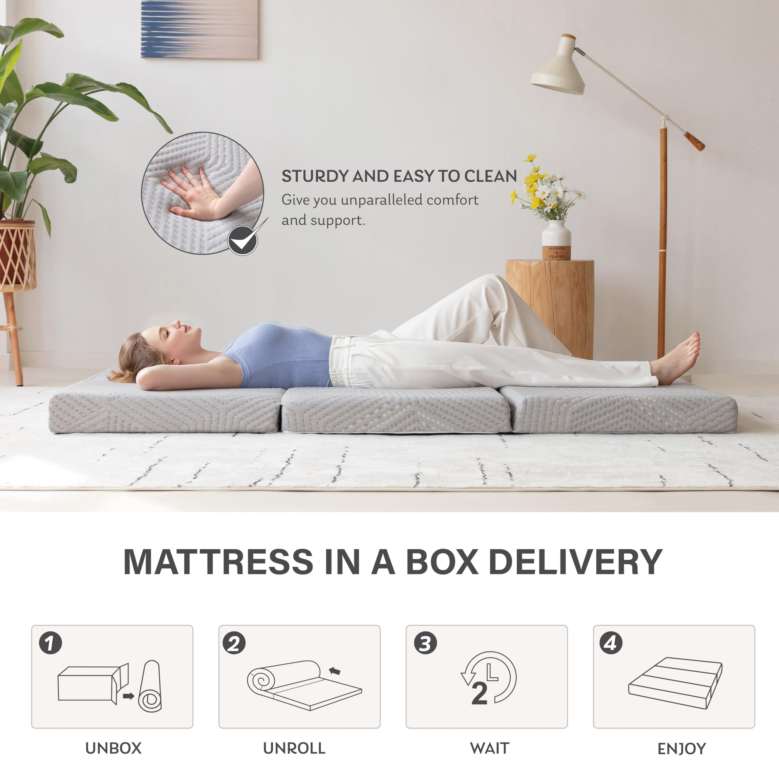 Tri-Fold Memory Foam Mattress, 4 inch Single Folding Mattress with Collapsible and Washable Cover, Travel and Guest Mat, 75