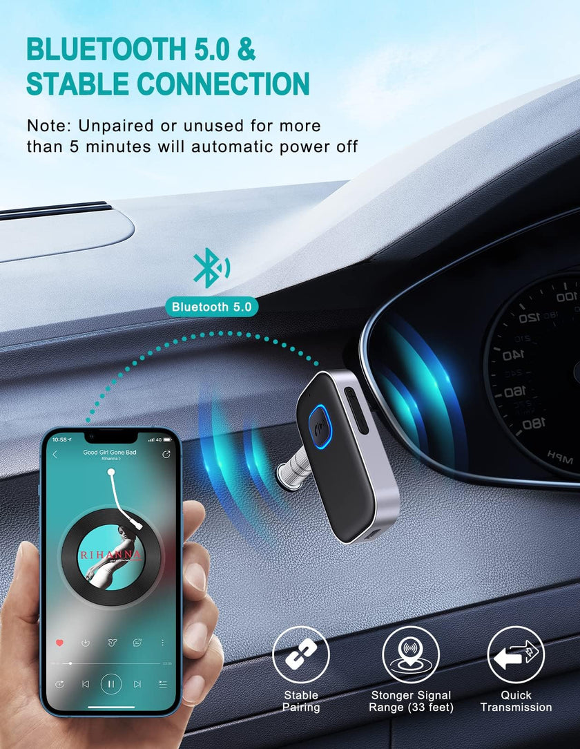 WOCBUY Bluetooth Car Adapter, 3.5mm AUX Bluetooth Receiver for Music Streaming, Wireless Music Audio Adapter with Built-in Mic, Home Stereo, Speakers (Handsfree Car Kits, 16H Playtime, Dual Link) 🍁 All In One Marketplace Canada