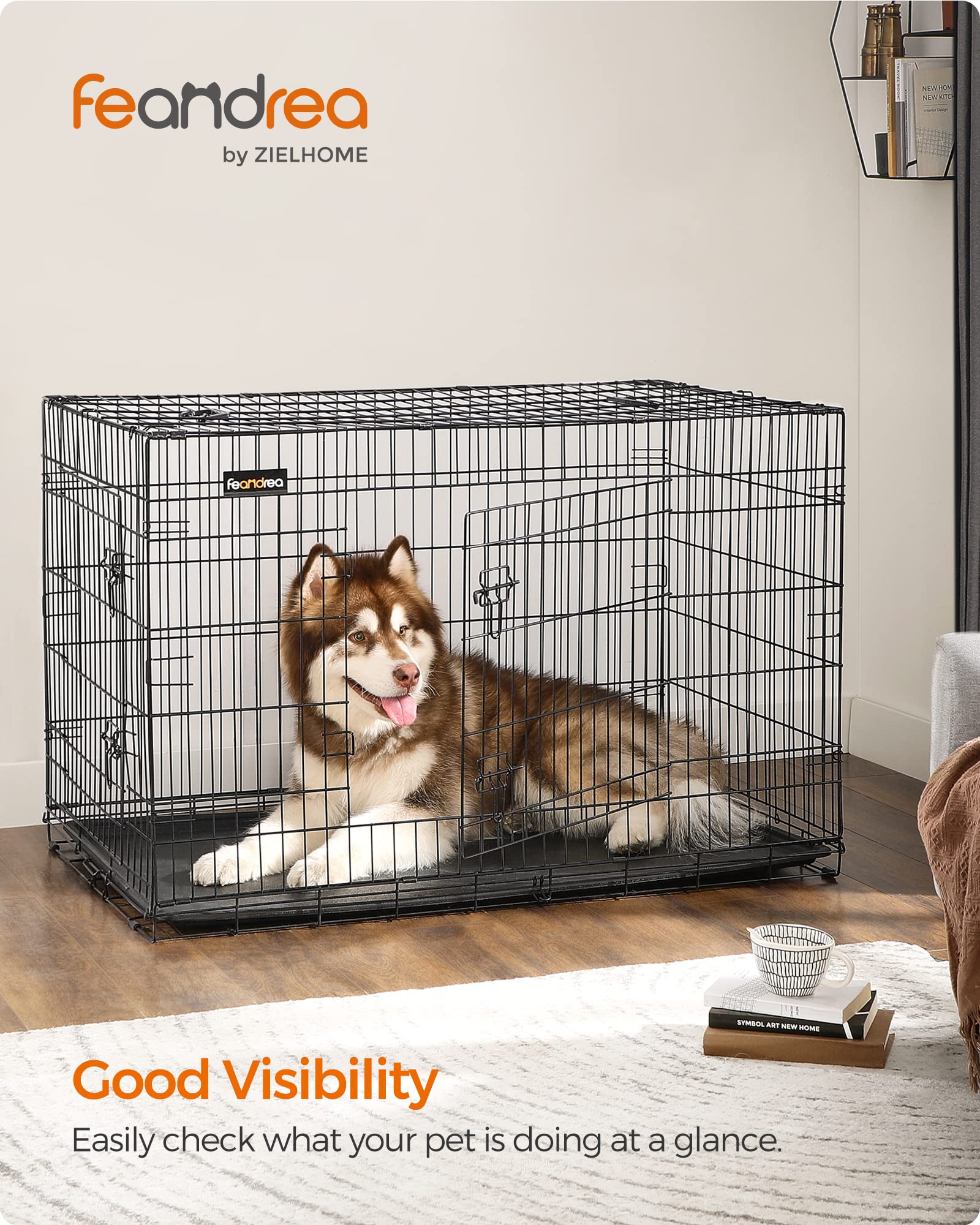 Feandrea Dog Crate, 48-Inch Foldable Dog Kennel with 2 Doors, Removable Tray, XXL, Black UPPD48H 🍁 All In One Marketplace Canada