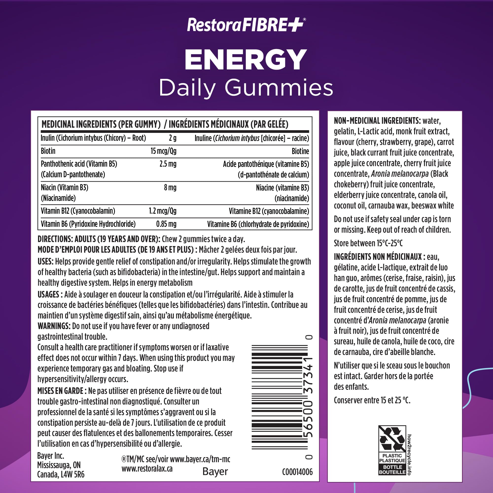 RestoraFIBRE+ Energy Daily Prebiotic Fibre Supplement Gummies for Adults, Promotes Regularity and A Healthy Digestive System and Supports Energy Metabolism, Packed with B Vitamins, 115 Count 🍁 All In One Marketplace Canada