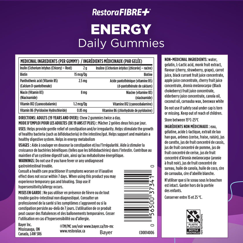 RestoraFIBRE+ Energy Daily Prebiotic Fibre Supplement Gummies for Adults, Promotes Regularity and A Healthy Digestive System and Supports Energy Metabolism, Packed with B Vitamins, 115 Count 🍁 All In One Marketplace Canada