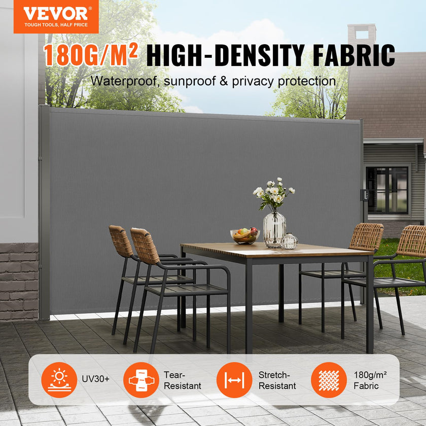 VEVOR Retractable Side Awning, 71''x 138'' Outdoor Privacy Screen, 180g Polyester Water-Proof Retractable Patio Screen, UV 30+ Room Divider Wind Screen for Patio, Backyard, Balcony, Gray 🍁 All In One Marketplace Canada