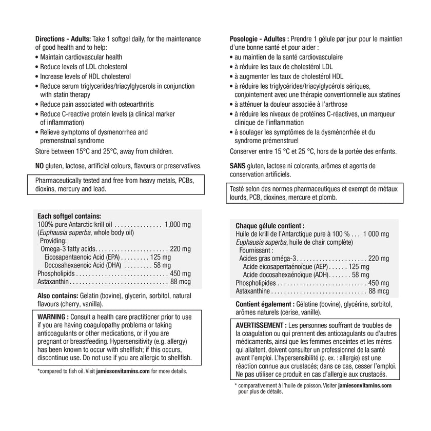 Jamieson Omega Complete Pure Krill Oil, 1000 mg, 30 Softgels, No Fishy Aftertaste, Supports Heart Health, High Potency, Provides Superior Absorption. With Antarctic Krill Oil, Proudly Canadian 🍁 All In One Marketplace Canada
