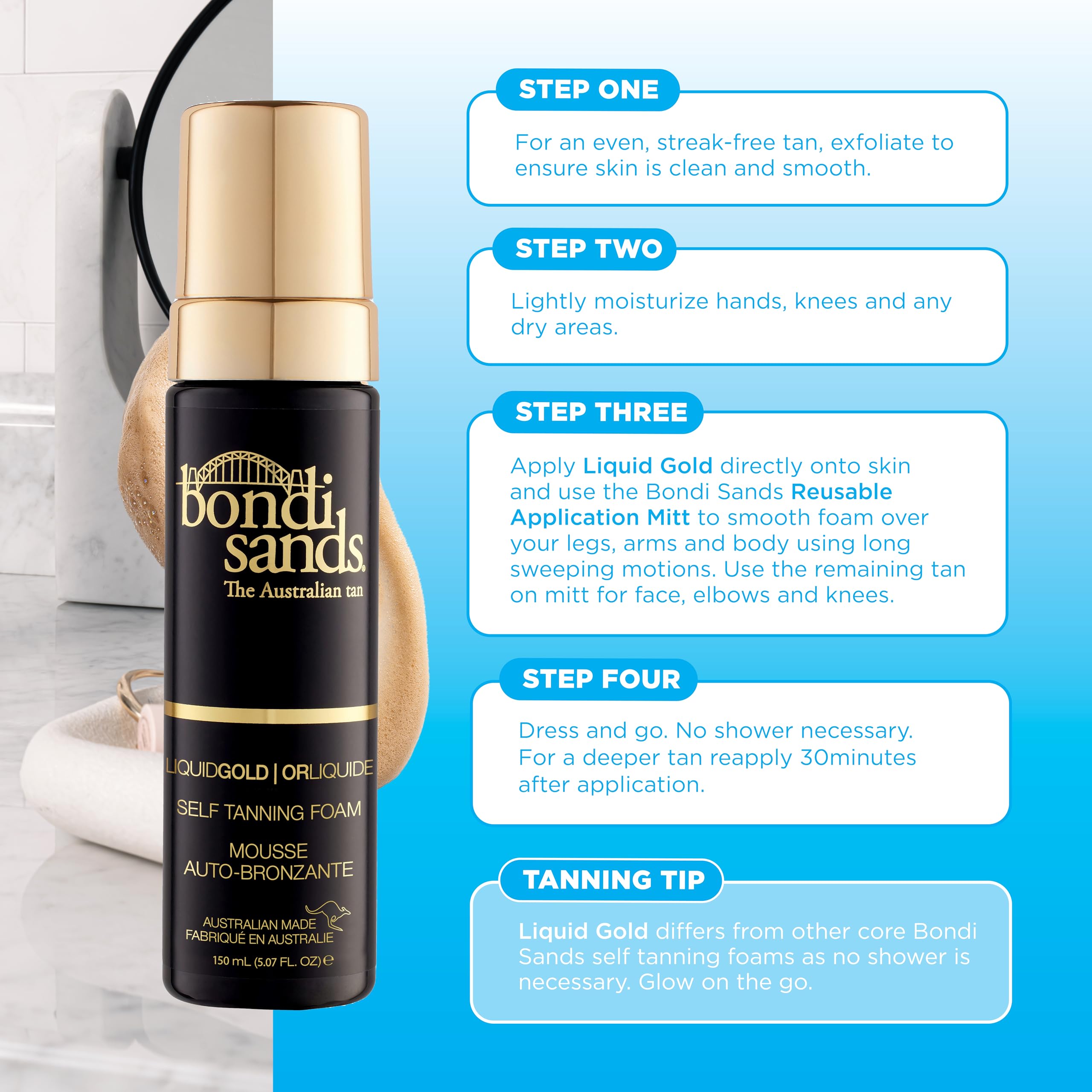 Bondi Sands Liquid Gold Self Tanning Foam | No Wash Off | Lightweight + Quick Dry Foam Enriched with Argan Oil, Provides a Hydrated Streak-Free Tan | 150mL 🍁 All In One Marketplace Canada