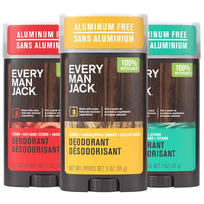 Every Man Jack Men's Deodorant Variety Set - Three Full-Sized Deodorant Sticks with Clean Ingredients & Incredible Scents - Cedar + Red Sage, Amber + Sandalwood, Sea Mineral + Citron - 85g (3 Pack) 🍁 All In One Marketplace Canada