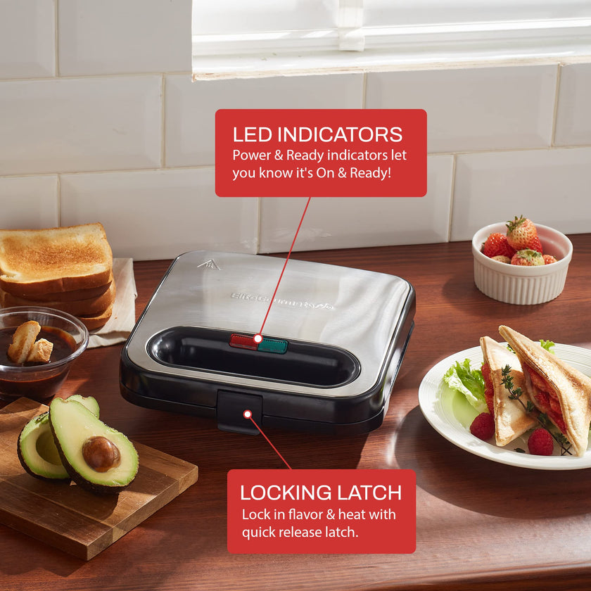 Elite Gourmet ESM-2207SS# Stainless Steel Sandwich Panini Maker Grilled Cheese Machine Tuna Melt Omelets Non-stick Cooking Surface, 2 Slice, 750 Watts, Stainless Steel 🍁 All In One Marketplace Canada