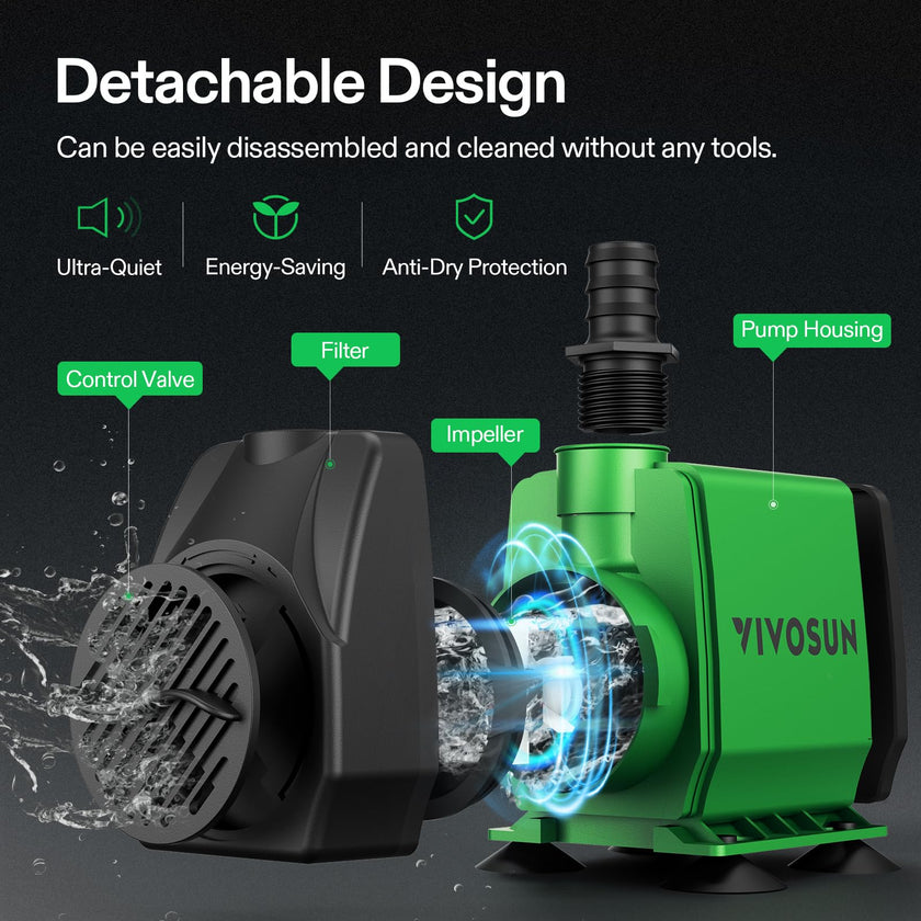 VIVOSUN 800GPH Submersible Pump(3000L/H, 24W), Ultra Quiet Water Pump with 10ft High Lift, Fountain Pump with 5ft Power Cord, 3 Nozzles for Fish Tank, Pond, Aquarium, Statuary, Hydroponics 🍁 All In One Marketplace Canada