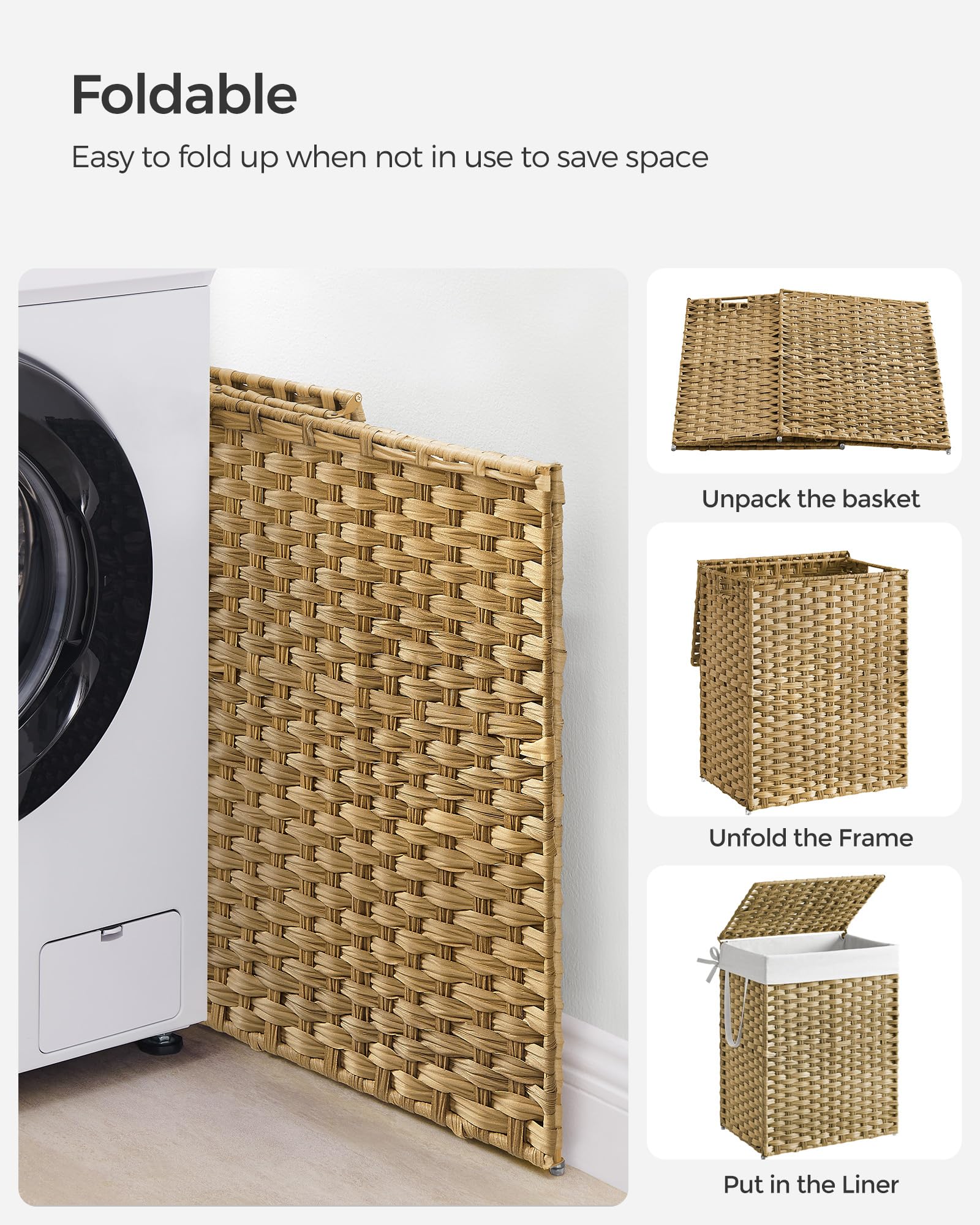 SONGMICS Laundry Hamper with Lid, 23.8 Gallon (90 L) Synthetic Rattan Clothes Laundry Basket with Lid and Handles, Foldable, Removable Liner, Natural ULCB051N01V1 🍁 All In One Marketplace Canada