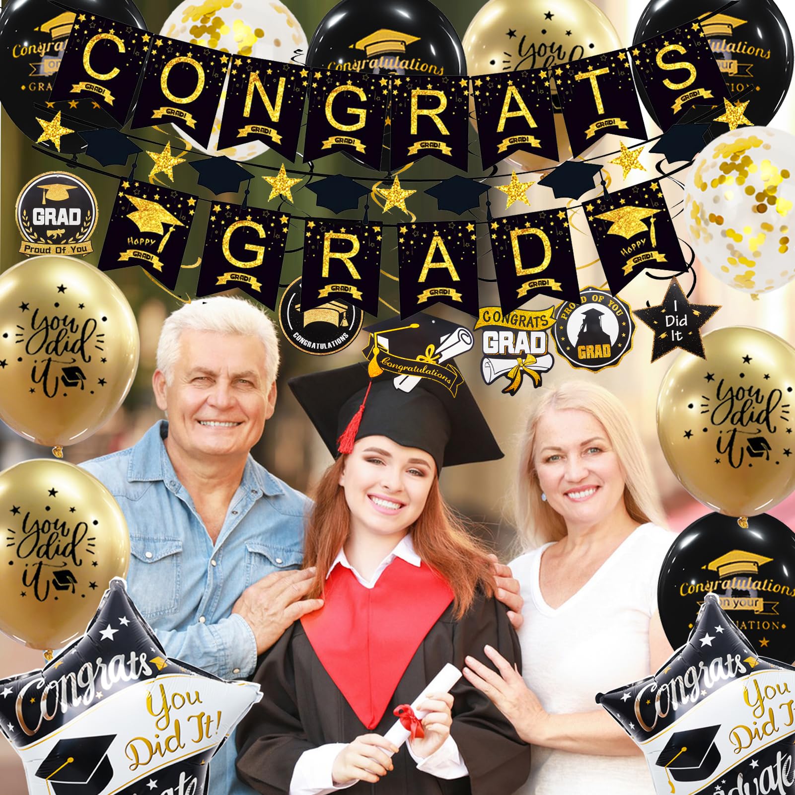 Graduation Decorations Class of 2026, 12Pcs Black and Gold balloons with Swirl and Graduation Garland Congrats Grad 2026 Banner for College High School Party Supplies 🍁 All In One Marketplace Canada
