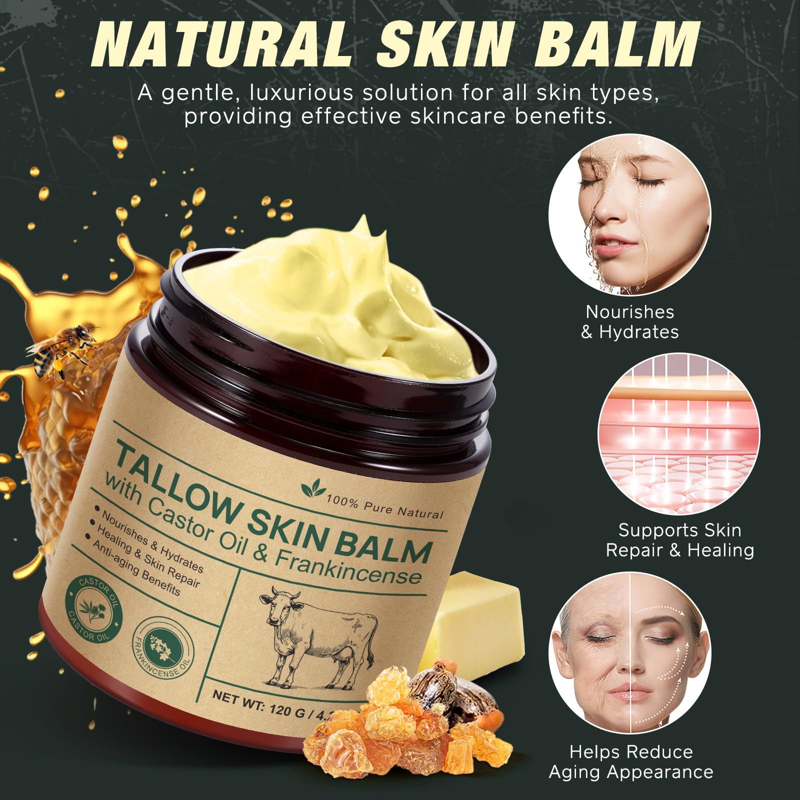 Beef Tallow Skin Care with Castor Oi & Frankincenses, Grass Fed Whipped Tallow Honey Balm for Face & Body, Natural Moisturizer Hydrates, Deeply Nourishes, Enhances Natural Radiance 120g 🍁 All In One Marketplace Canada