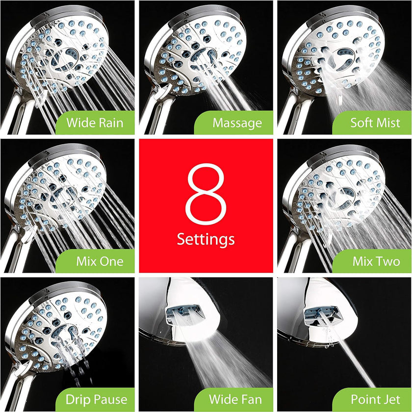 AquaCare High Pressure 8-Mode Handheld Shower Head - Anti-Clog Nozzles, Built-in Power Wash to Clean Tub, Tile & Pets, Extra Long 6 ft. Stainless Steel Hose, Wall & Overhead Brackets 🍁 All In One Marketplace Canada