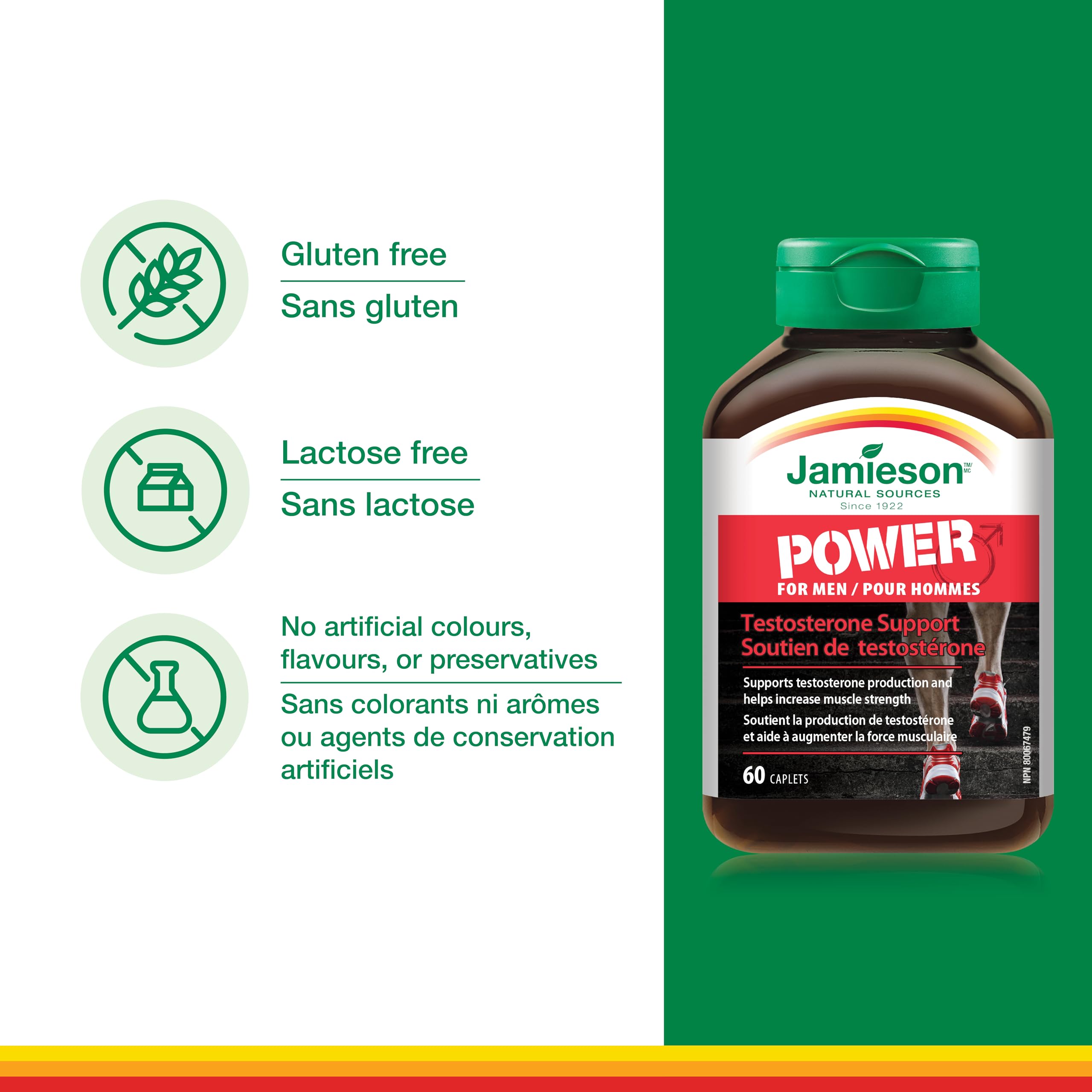 Jamieson Power for Men Vegetarian Caplets, with Fenugreek, Zinc, Magnesium Aspartate, Vitamin B6, and Beta-Alanine. Supports Testosterone Production, Muscle Strength, and Recovery, Gluten-Free, 60 Count, Proudly Canadian 🍁 All In One Marketplace Canada