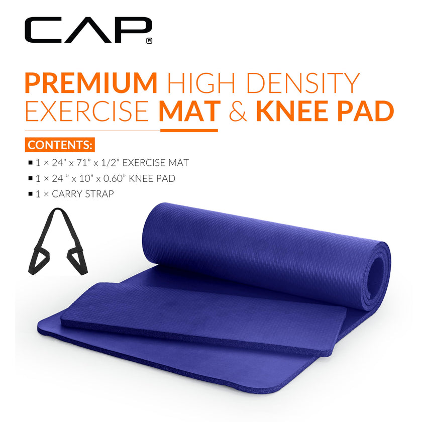 CAP Barbell High Density Exercise Yoga Mat with strap and Knee Pad 71