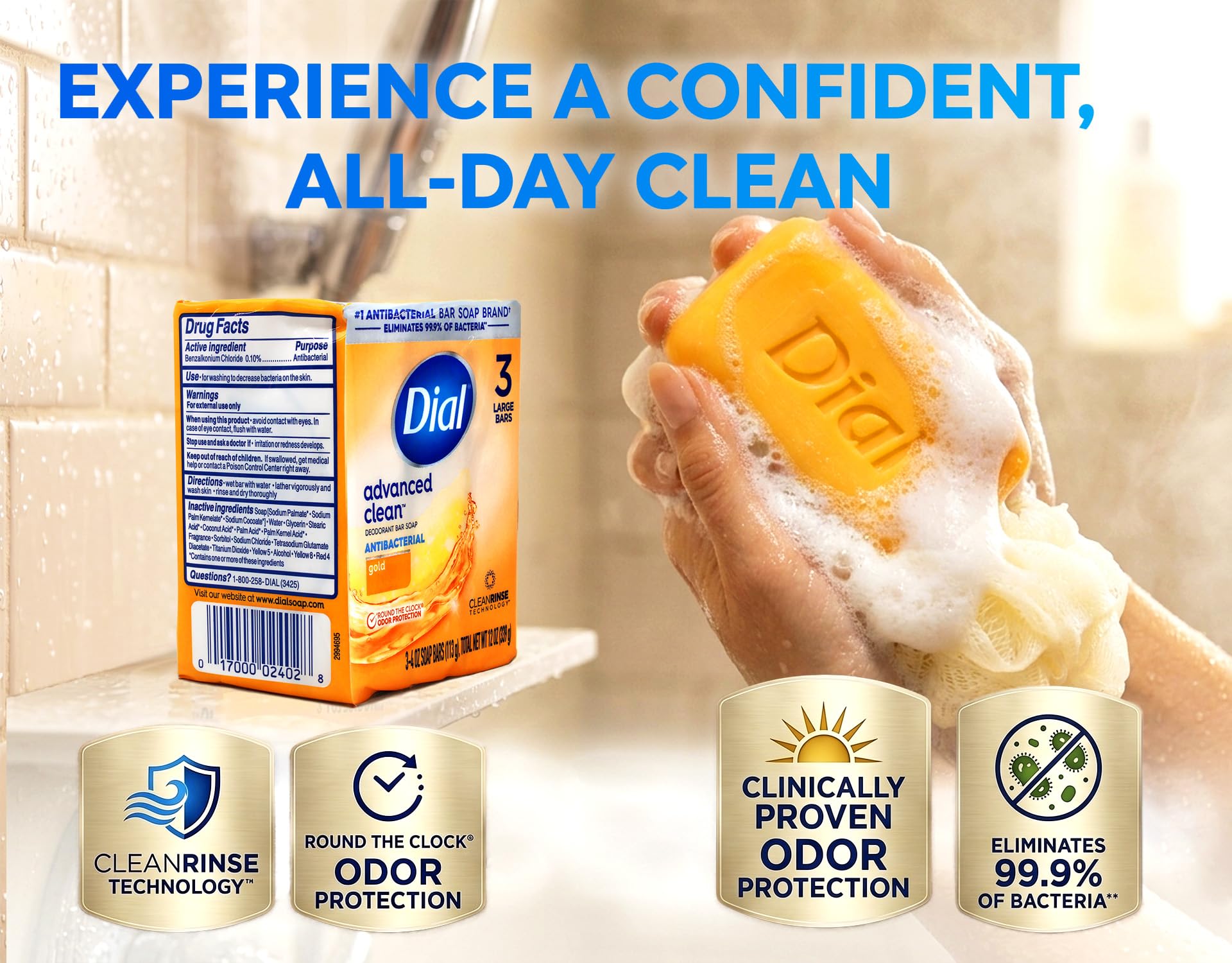 Dial Advanced Clean Deodorant Bar Soap Antibacterial Gold 3 Bars 🍁 All In One Marketplace Canada
