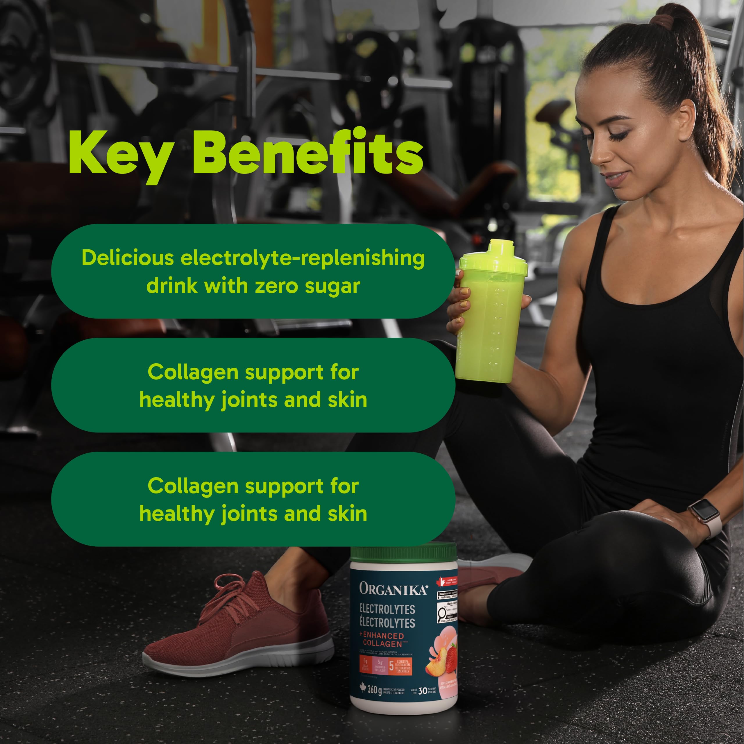 Organika Canadian-Made Electrolytes + Enhanced Collagen - Strawberry Peach Flavour - Sugar-Free Hydration | 5g Protein + 100% of Daily Vitamin C - 360g, 30 Servings 🍁 All In One Marketplace Canada