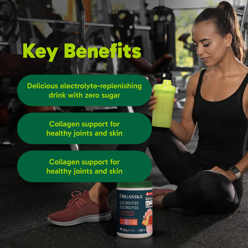 Organika Canadian-Made Electrolytes + Enhanced Collagen - Strawberry Peach Flavour - Sugar-Free Hydration | 5g Protein + 100% of Daily Vitamin C - 360g, 30 Servings 🍁 All In One Marketplace Canada