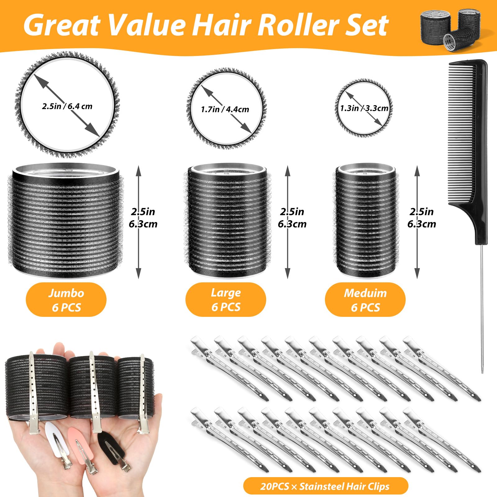 39PCS Self Grip Hair Rollers Curlers 3 Sizes Black Hair Roller 2.5in, 1.9in, 1.4in, Jumbo Hair Roller with 12PCS Duckbill Clips Hair Rollers for Long Medium Short Thick Fine Volume Bangs Hair 🍁 All In One Marketplace Canada