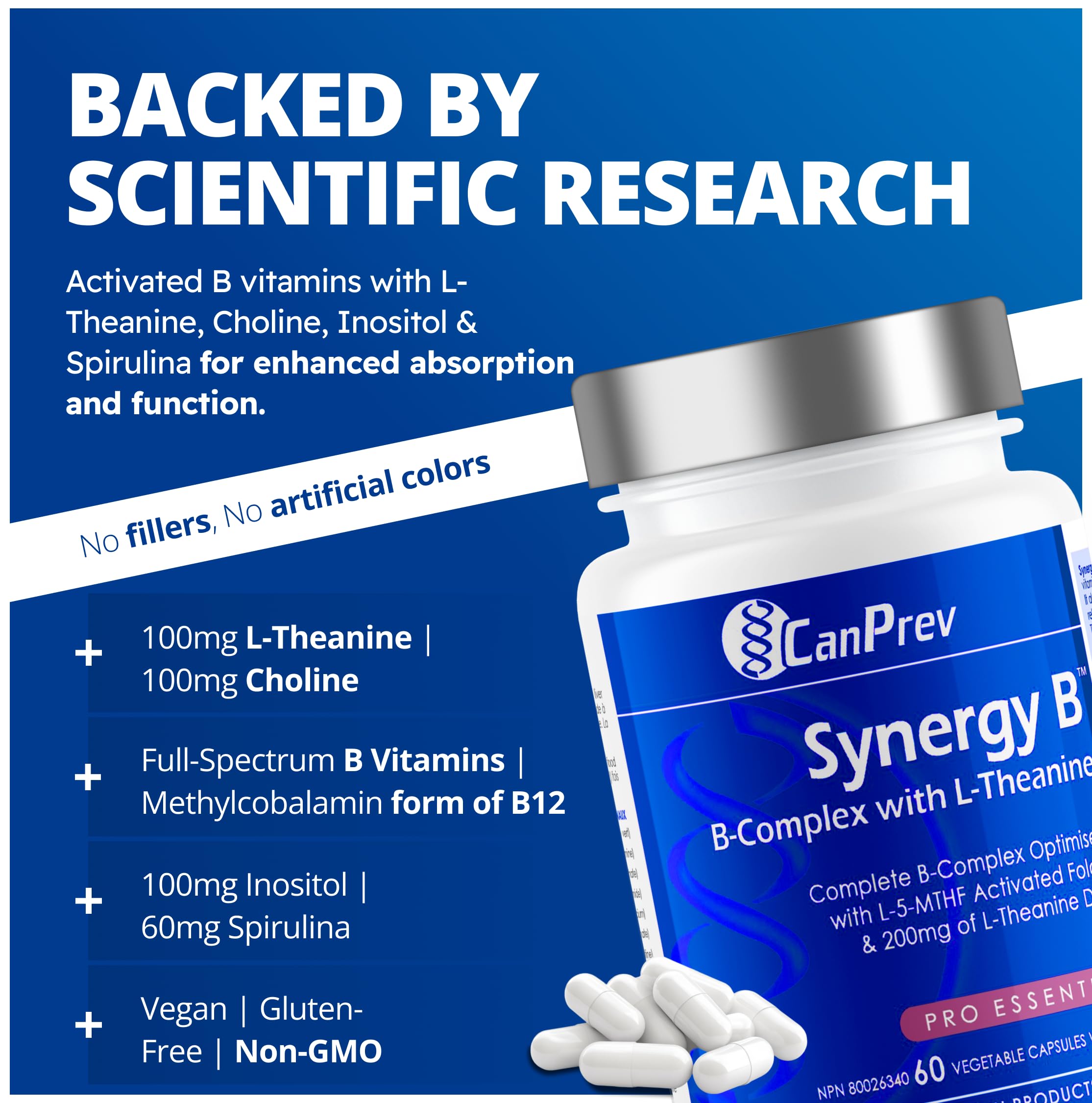CanPrev Synergy B Complex 60 V-Caps 30-Day Supply - Vitamin B Supplement with L-Theanine 200mg - Complete B Complex Optimized with L-5-MTHF Activated Folate & Spirulina - Vegan, Non-GMO & Gluten-Free 🍁 All In One Marketplace Canada