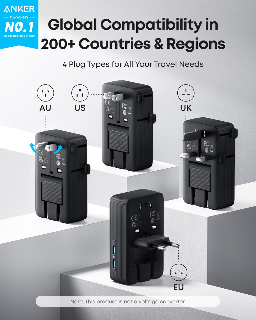 Anker Nano European Travel Plug Adapter, 5-Port Fordable Travel Adapter with 1AC 2USB-A 2USB-C Ports,Temperature Control, Essentials for Over 200 Countries, Ideal for Travel (1-Pack) (Black) 🍁 All In One Marketplace Canada