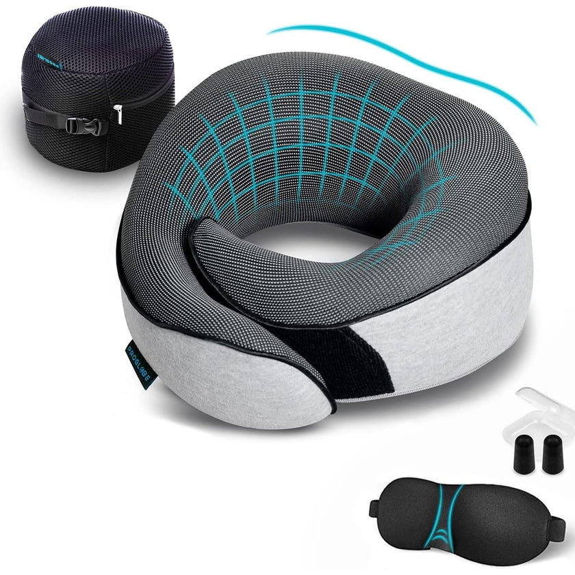 Proglobe Orthopedic Neck Pillow Travel Neck Pillows for Airplanes, Memory Foam Kit, Updated Resting Material, Airplane Travel Set with 3D Contoured Eye Masks, Earplugs, and Luxury Mesh Bag (Grey) 🍁 All In One Marketplace Canada