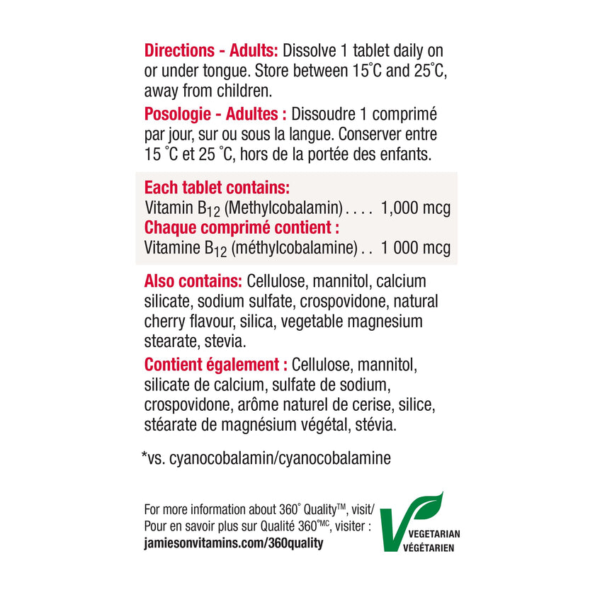 Jamieson Vitamin B12 Methylcobalamin 1,000 mcg, Fast Dissolving, Faster Acting, Naturally Energizing, and Supports Metabolism. Vegetarian, Gluten-Free, Natural Wild Cherry Flavour, 100 Sublingual Tablets, Proudly Canadian 🍁 All In One Marketplace Canada