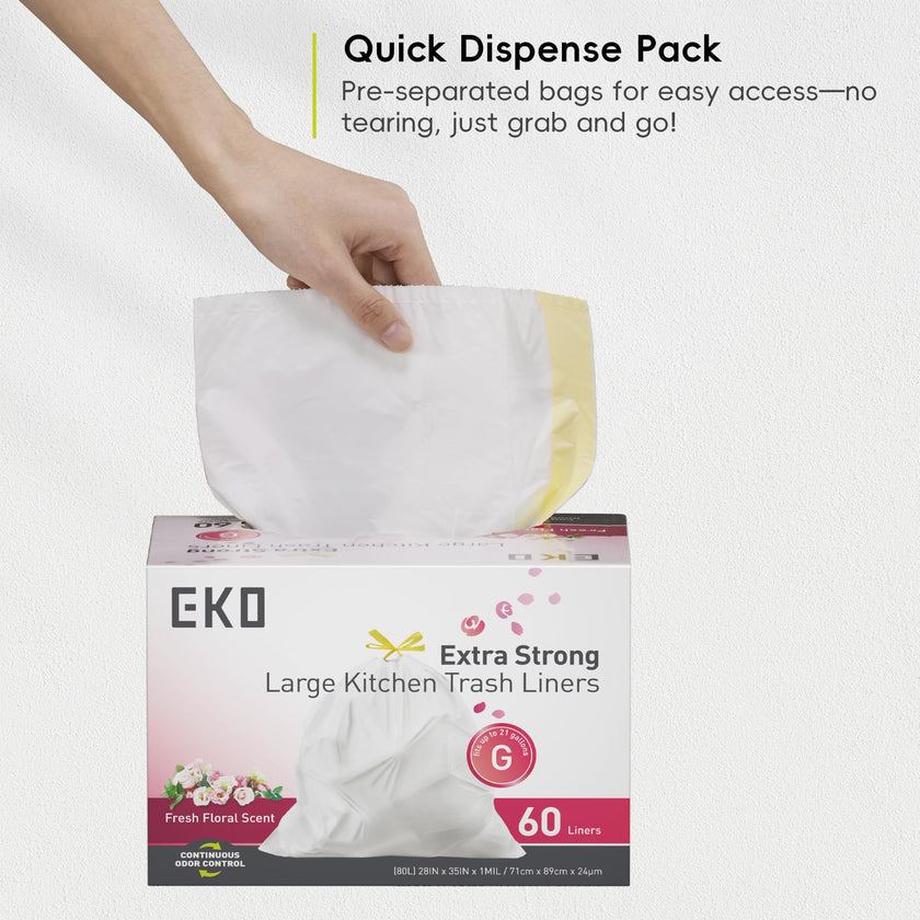 EKO Extra Strong 21 Gallon Large Trash Bags, Heavy-Duty Drawstring Kitchen & Household Garbage Bags (80L), Leak-Resistant, Fresh Floral Scent, Continuous Odor Control, 60 Count, Code G 🍁 All In One Marketplace Canada