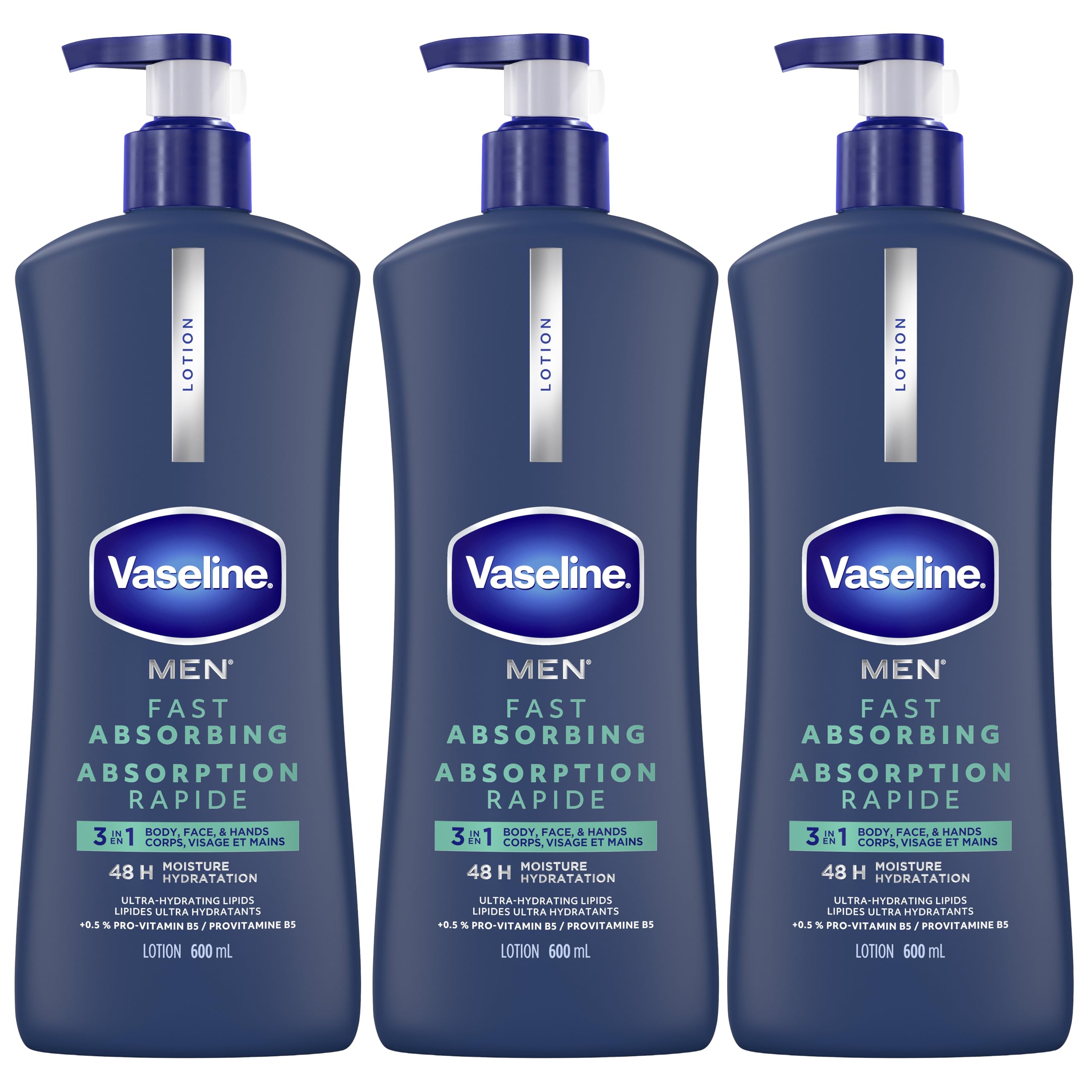 Vaseline Men 3 in 1 Body, Face & Hands Lotion 48 H Dry skin moisturizer, Fast Absorbing with Ultra hydrating lipids, 600 ml (3-pack) 🍁 All In One Marketplace Canada
