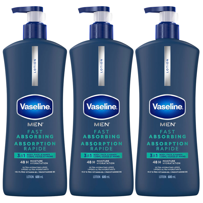 Vaseline Men 3 in 1 Body, Face & Hands Lotion 48 H Dry skin moisturizer, Fast Absorbing with Ultra hydrating lipids, 600 ml (3-pack) 🍁 All In One Marketplace Canada