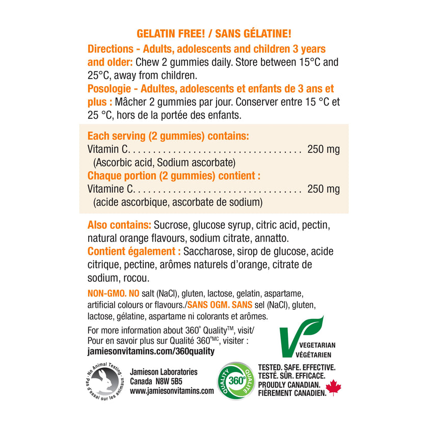 Jamieson Vitamin C 250 mg, 60 Gummies, Natural Tangy Orange Flavour. Supports Immune Health, Strong Teeth and Bones. Family Friendly (3+), Vegetarian, Non-GMO, Gelatin-Free 🍁 All In One Marketplace Canada