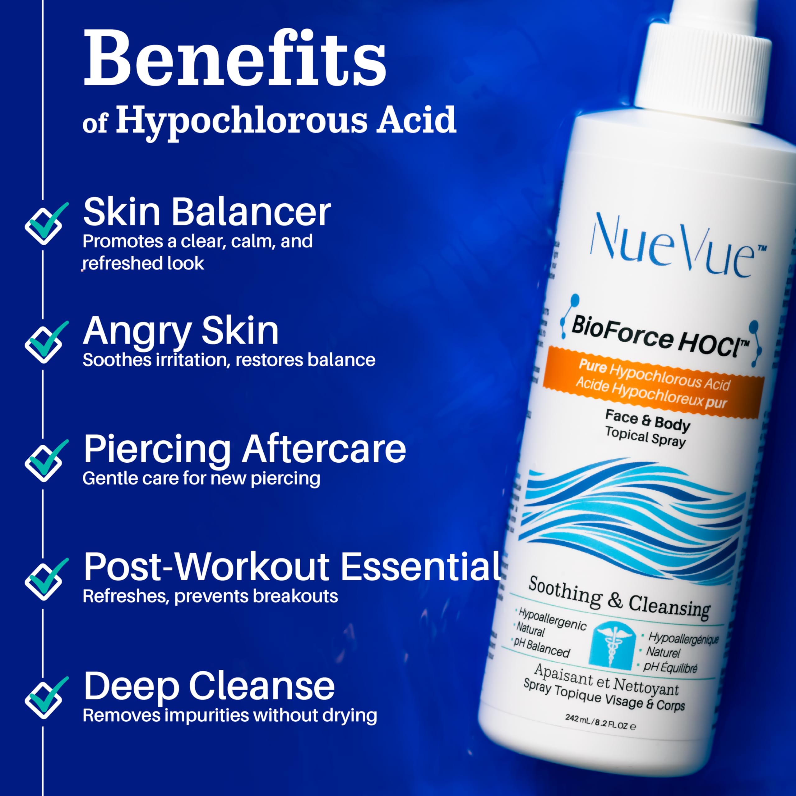 BioForce 1 Liter Hypochlorous Acid Spray Refill For Face & body - Acne-Prone Skin & Eczema, Piercing aftercare, Tattoo Aftercare, Made in Canada, All-in-One Gentle facial Cleanser & Toner, pH Balanced, Hypoallergenic & Non-comedogenic by NueVue (33.8 fl o