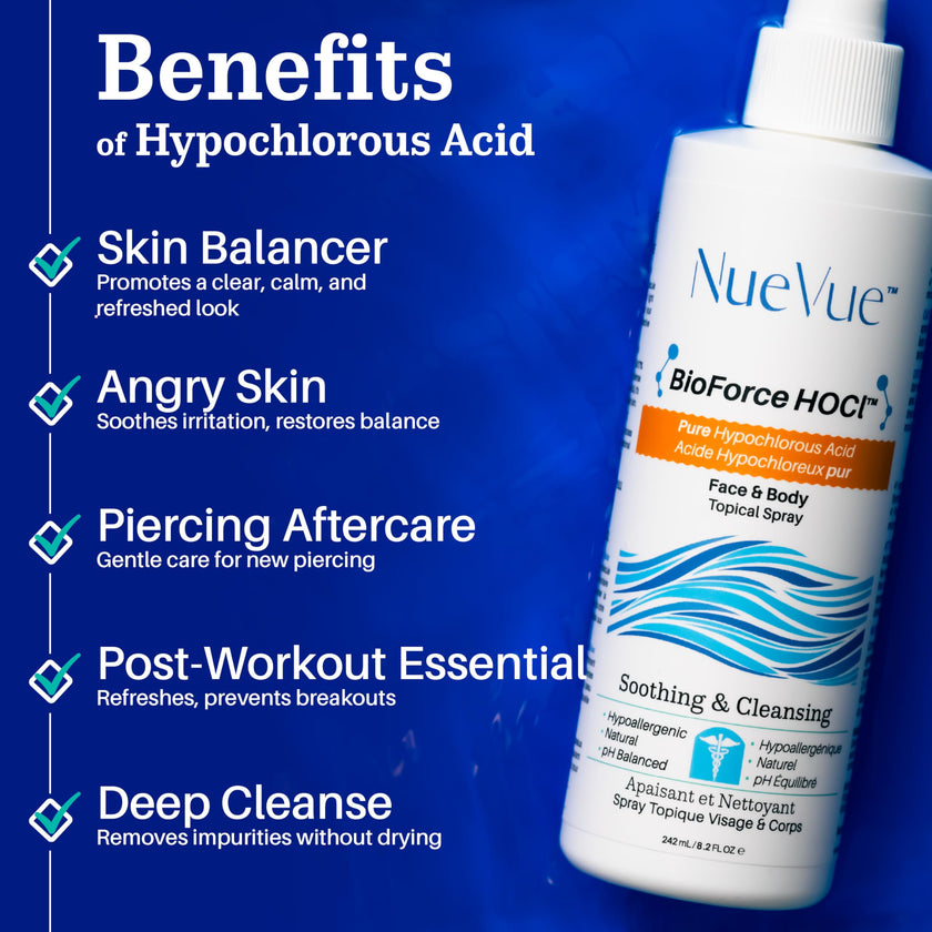 BioForce 1 Liter Hypochlorous Acid Spray Refill For Face & body - Acne-Prone Skin & Eczema, Piercing aftercare, Tattoo Aftercare, Made in Canada, All-in-One Gentle facial Cleanser & Toner, pH Balanced, Hypoallergenic & Non-comedogenic by NueVue (33.8 fl o