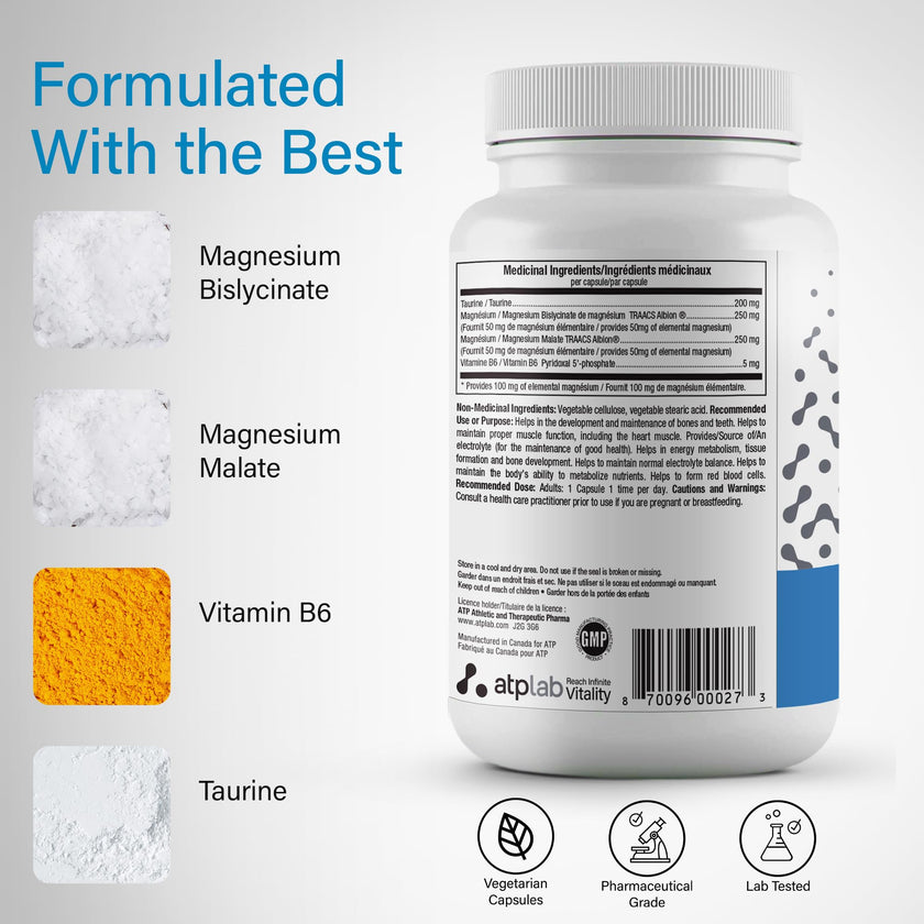 ATP LAB - Synermag 90 Capsules 90-Day Supply - High potency Magnesium Bisglycinate, Malate, Taurine & Vitamin B6 - Bone Health Supplement - Muscle Health & Teeth Health 🍁 All In One Marketplace Canada