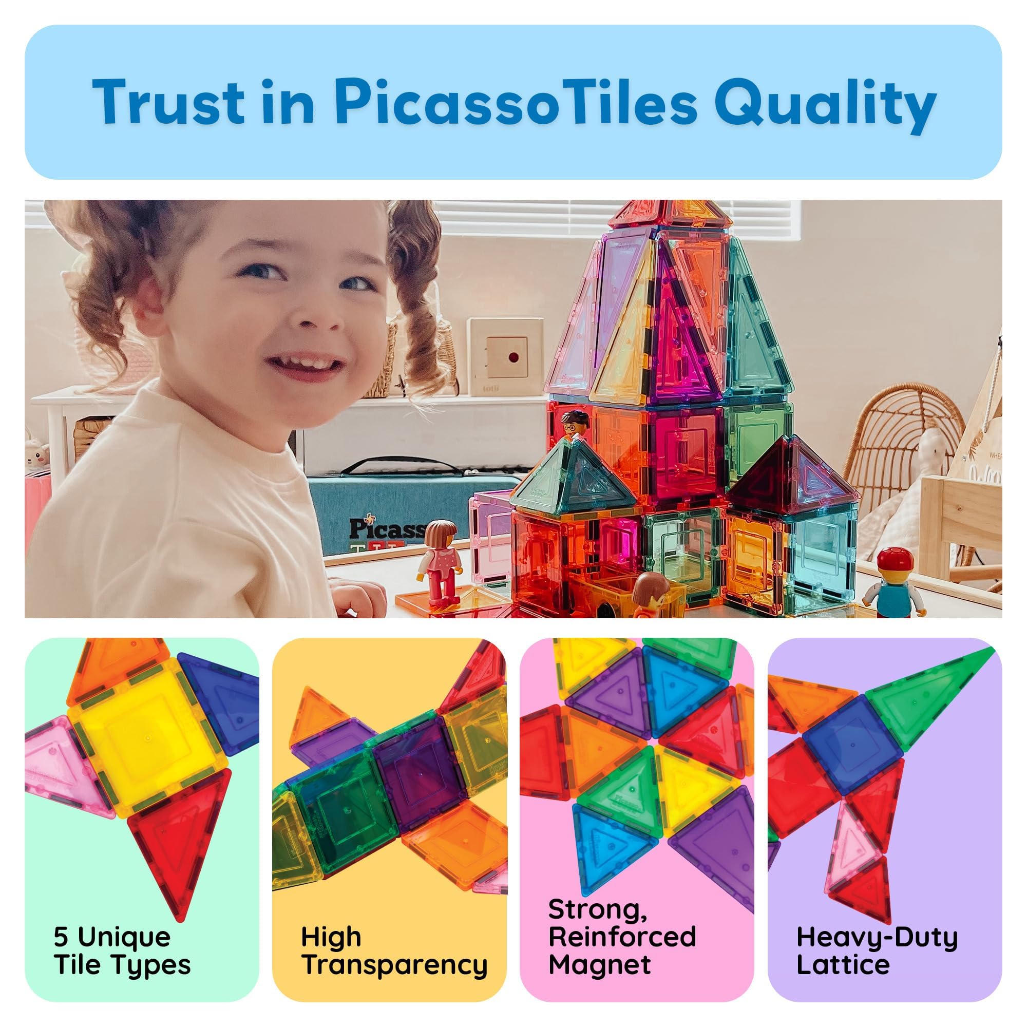 PicassoTiles Magnetic Tiles 60pcs Kids Toys Classroom Sensory Toy for Toddlers STEM Learning Building Blocks, Montessori Pretend Play Magnet Tile Construction Stacking Block Boys Girls Ages 3+ PT60 🍁 All In One Marketplace Canada