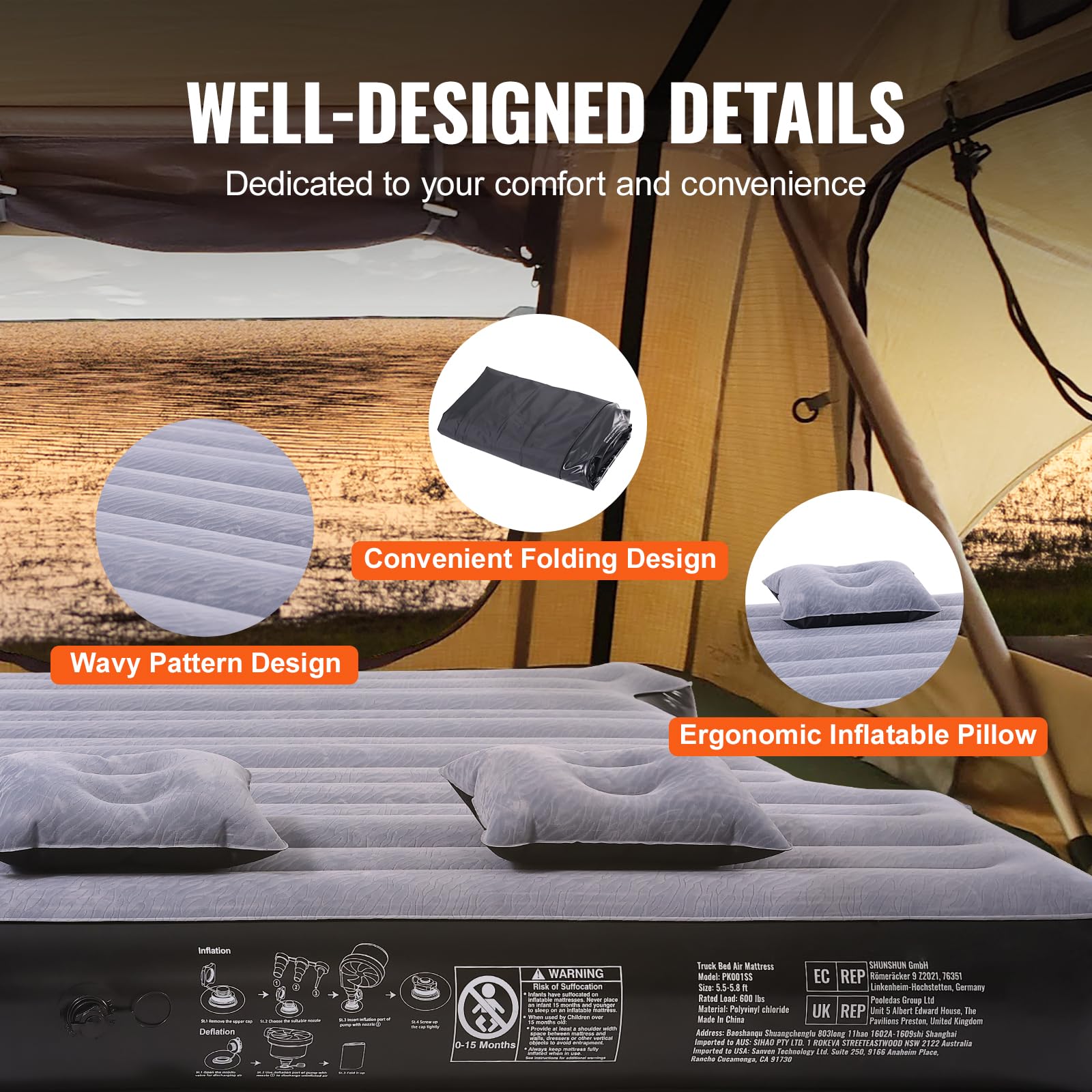 VEVOR Truck Bed Air Mattress, for 5.5-5.8 ft Full Size Short Truck Beds, Inflatable Air Mattress Camping Bed with 12V Air Pump 2 Pillows, Carry Bag, for Silverado, RAM, F Series, Sierra, Titan, Tundra 🍁 All In One Marketplace Canada