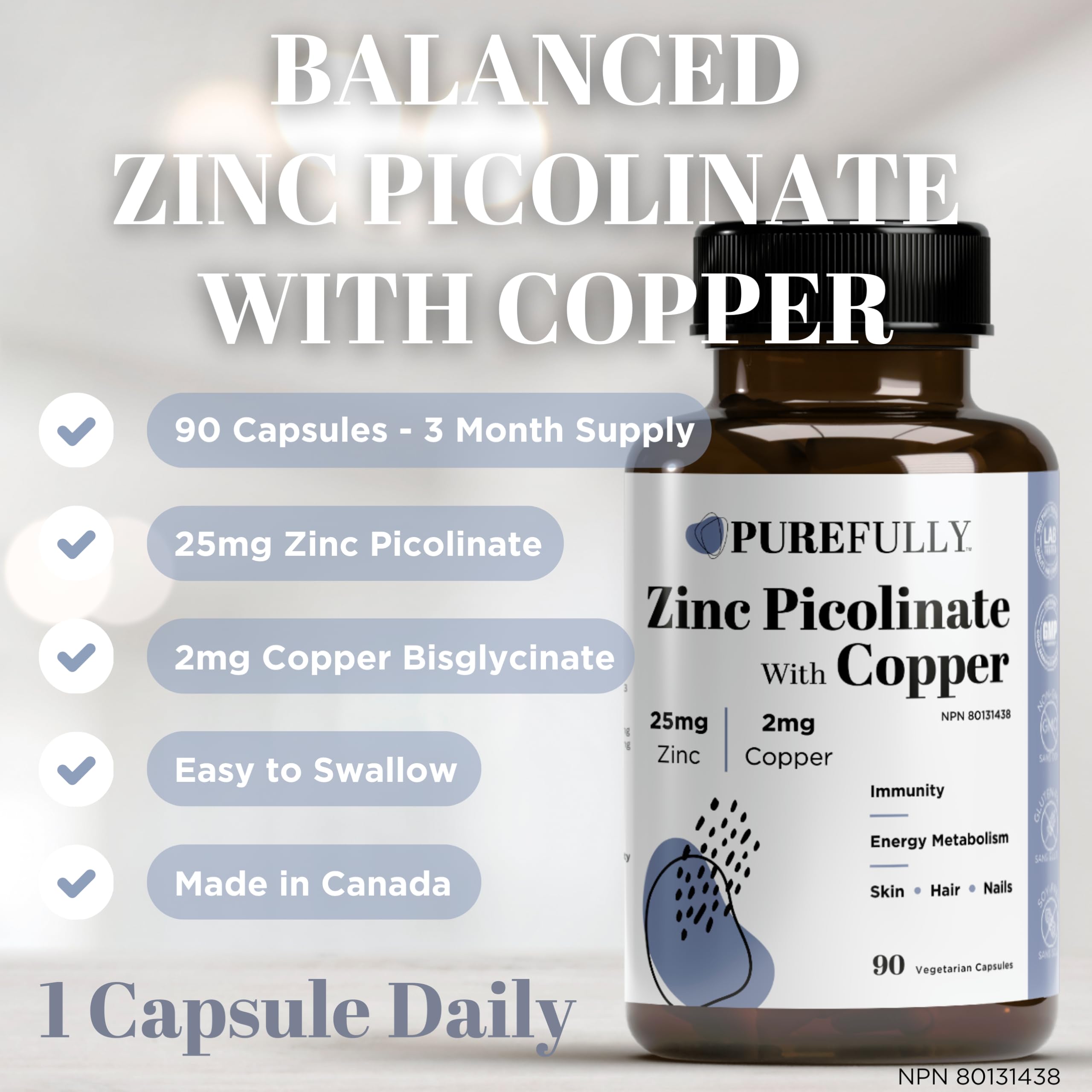 PUREFULLY Zinc Picolinate 25mg with Copper 2mg Capsules - Multi-Mineral Zinc with Copper Supplement for Immune Support - Vegan, Gluten Free (90 capsules) 🍁 All In One Marketplace Canada