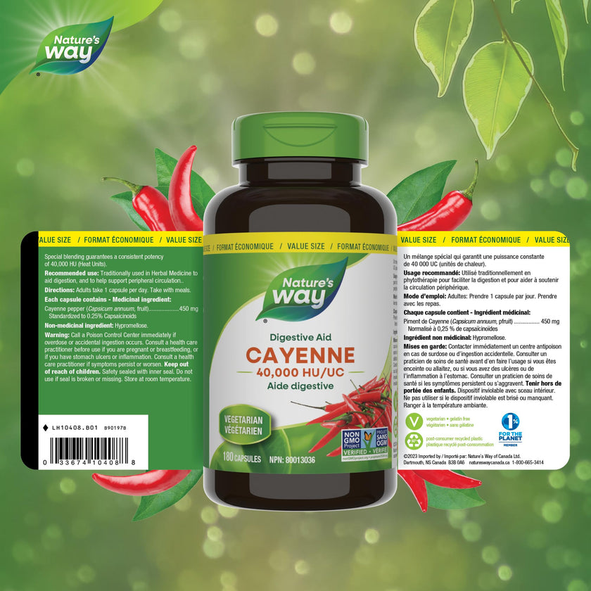 Nature’s Way Cayenne 40,000 HU – Herbal Digestion & Peripheral Circulation Supplement – Cayenne Pepper Capsules – Vegetarian, Non-GMO – 180 Capsules 🍁 All In One Marketplace Canada