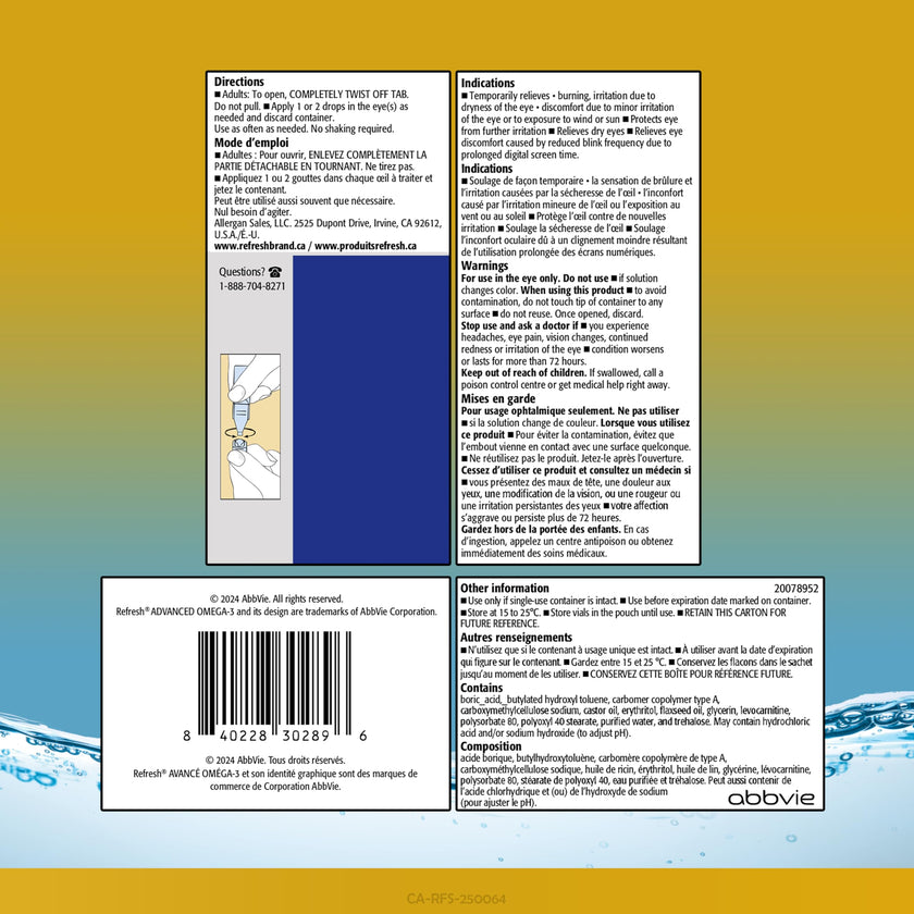Refresh Advanced Omega-3 Lubricant Eye Drops – Preservative-Free, Natural Omega-3 Oil for Long-Lasting Dry Eye Relief – 30 Single-Use Containers (0.4ml Each) - Total 12 mL 🍁 All In One Marketplace Canada