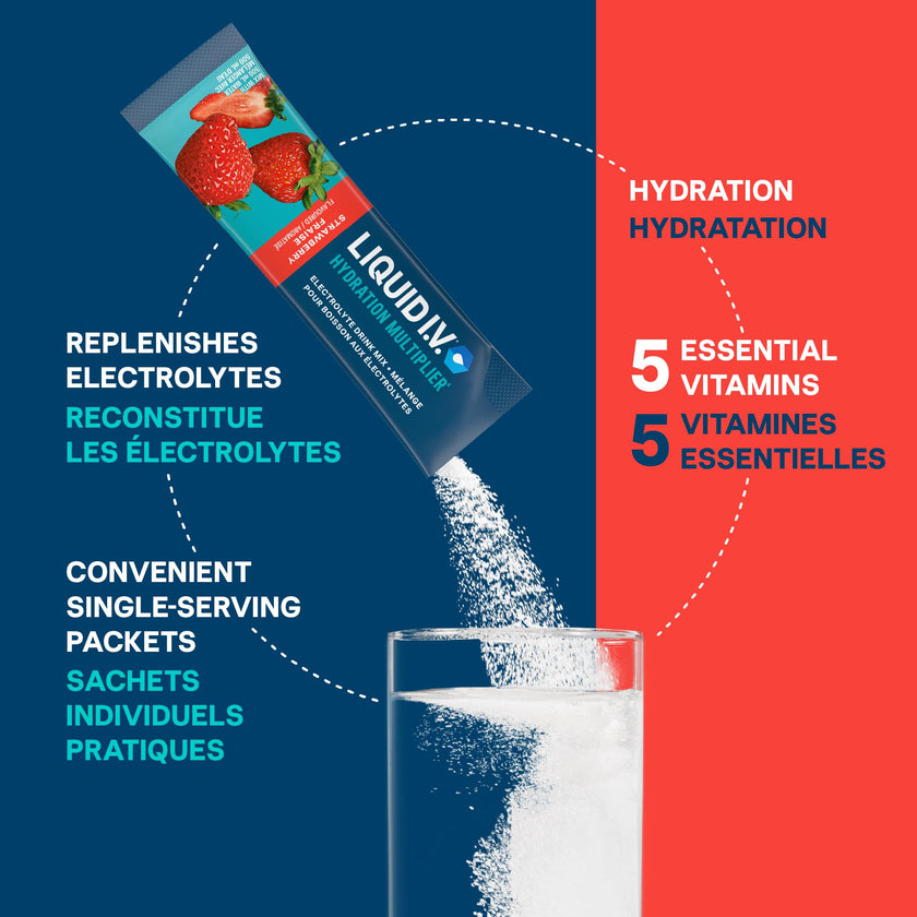 Liquid I.V. Hydration Multiplier Electrolyte Drink Mix - Enhanced Hydration Electrolyte Powder with Vitamins B3, B5, B6, B12 and C -18x On-the-go Sticks for Workout and Travel - Strawberry 🍁 All In One Marketplace Canada