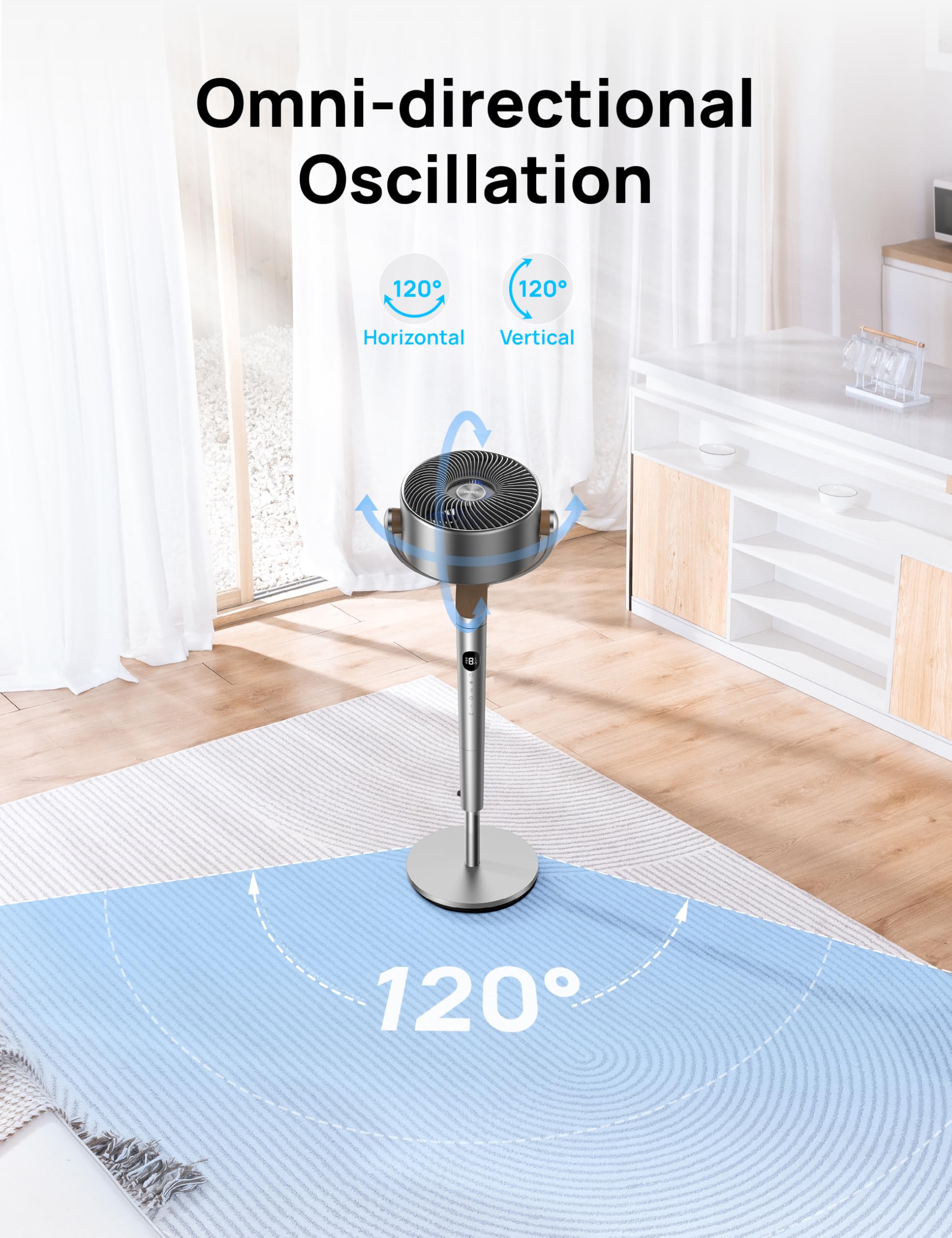 DREO Fan for Bedroom, 120°+120°Omni-directional Oscillating Fan, 90ft, DC Motor, 20 dB Quiet Standing Pedestal Fans, 8 Speeds, 3 Modes Circulator with Remote, 35-40
