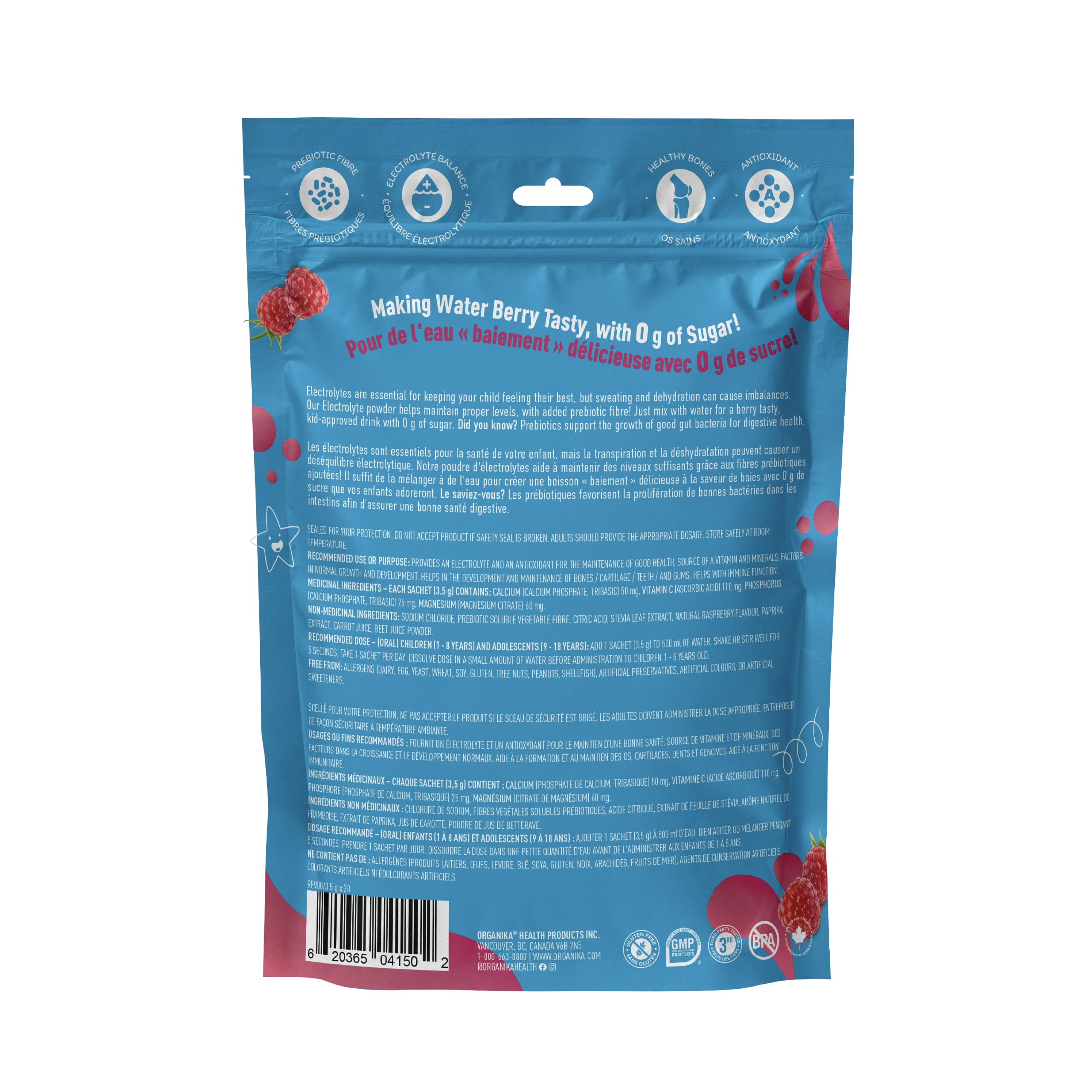Organika Kids Electrolytes Powder Sticks - Sugar-Free Hydration + Immune support with 100% of daily Vitamin C, Minerals and Prebiotic Fibre | Raspberry Rush Flavour - 3.5g x 20 sachets 🍁 All In One Marketplace Canada