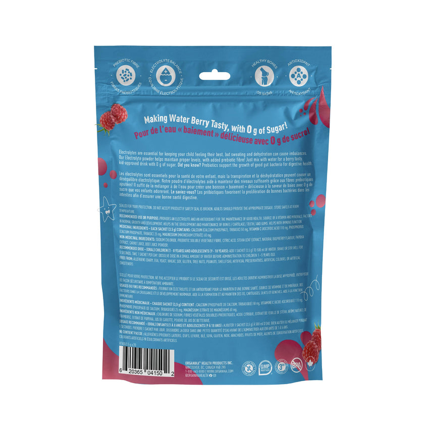 Organika Kids Electrolytes Powder Sticks - Sugar-Free Hydration + Immune support with 100% of daily Vitamin C, Minerals and Prebiotic Fibre | Raspberry Rush Flavour - 3.5g x 20 sachets 🍁 All In One Marketplace Canada