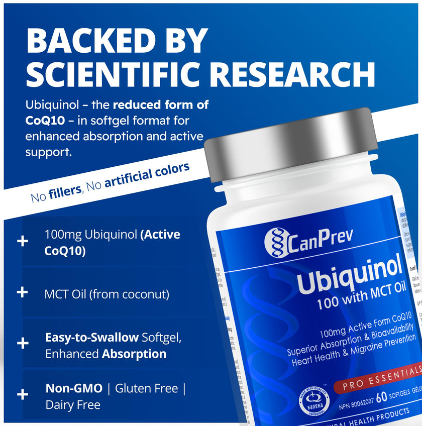 CanPrev Ubiquinol 100mg with MCT Oil, 60 Softgels, 2-Month Supply, CoQ10 Supplement for Heart & Cardiovascular Support, Enhanced Absorption, Non-GMO & Gluten Free, Coenzyme Q10 for Energy & Vitality 🍁 All In One Marketplace Canada