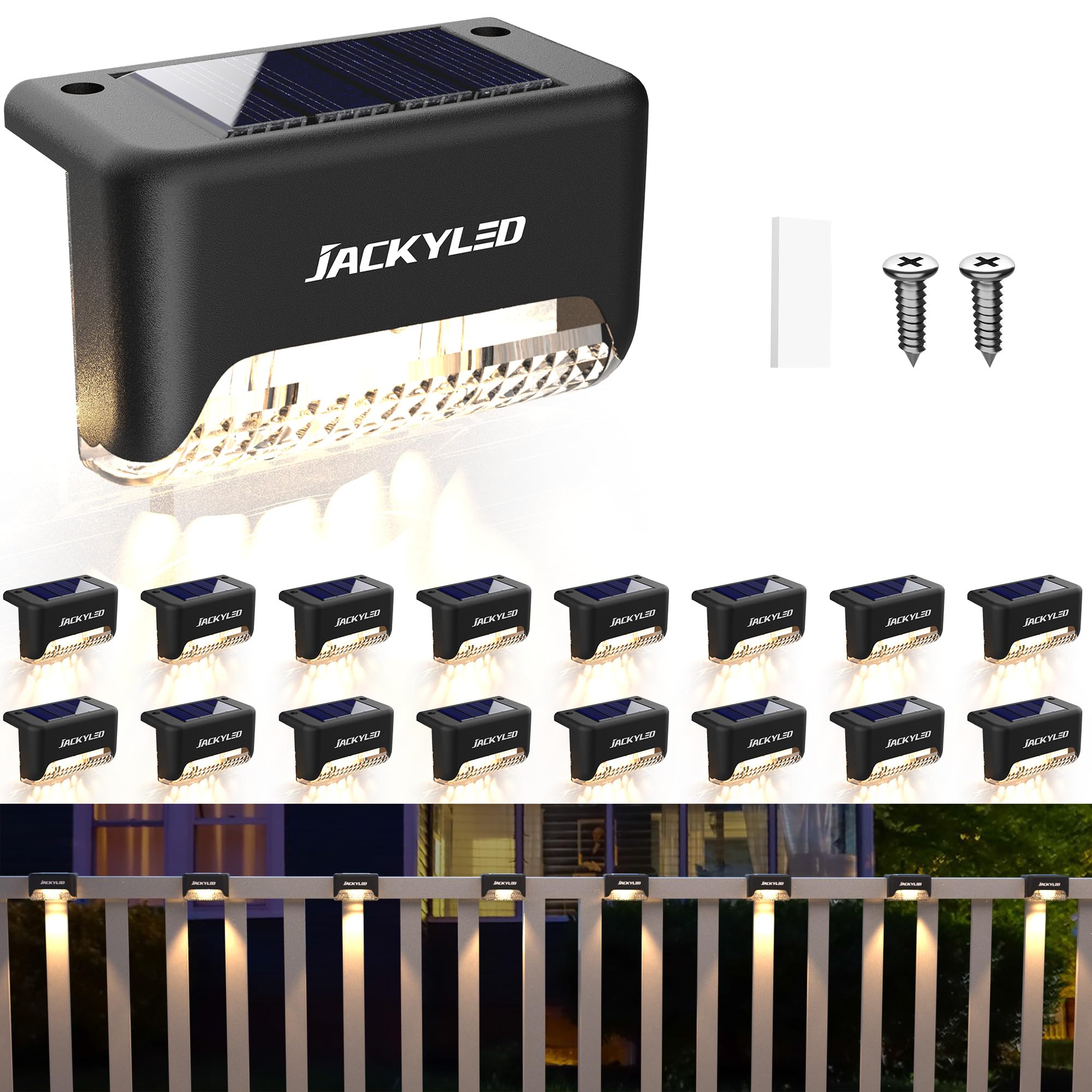 Solar Deck Lights Outdoor 16 Pack, JACKYLED Solar Step Lights Outdoor Waterproof LED Solar Powered Stair Lights for Patio Deck Porch Step Fence Railing Wall Garden Pool Yard 🍁 All In One Marketplace Canada