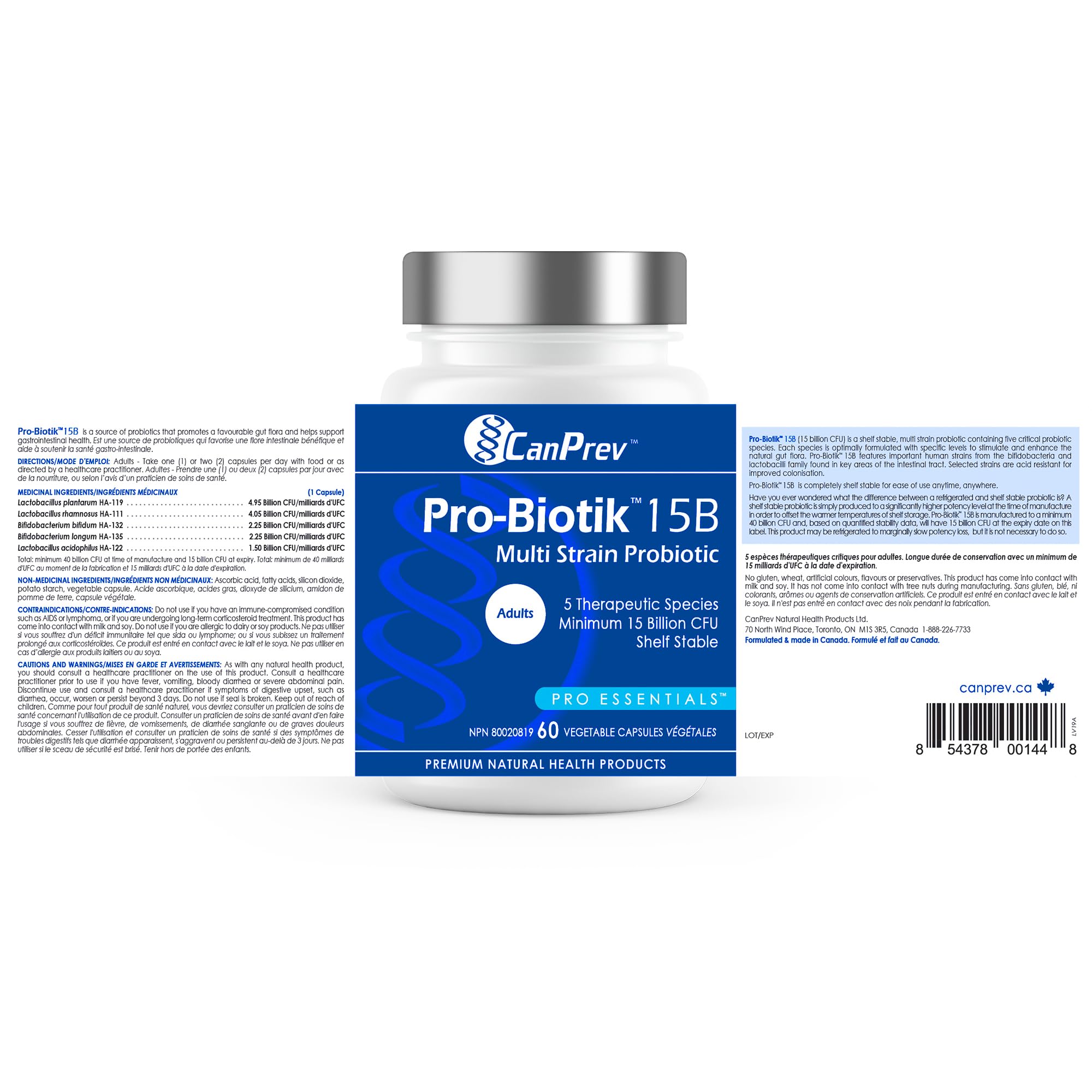 CanPrev Pro-Biotik 15 Billion CFU, 60 V-Caps 60-Day Supply - Non-GMO & Gluten-Free - Advanced Gut Health Formula with 5 Probiotic Strains Supplement - Supports Digestive Balance and Eases Bloating 🍁 All In One Marketplace Canada