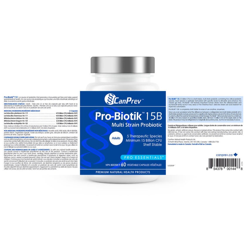CanPrev Pro-Biotik 15 Billion CFU, 60 V-Caps 60-Day Supply - Non-GMO & Gluten-Free - Advanced Gut Health Formula with 5 Probiotic Strains Supplement - Supports Digestive Balance and Eases Bloating 🍁 All In One Marketplace Canada